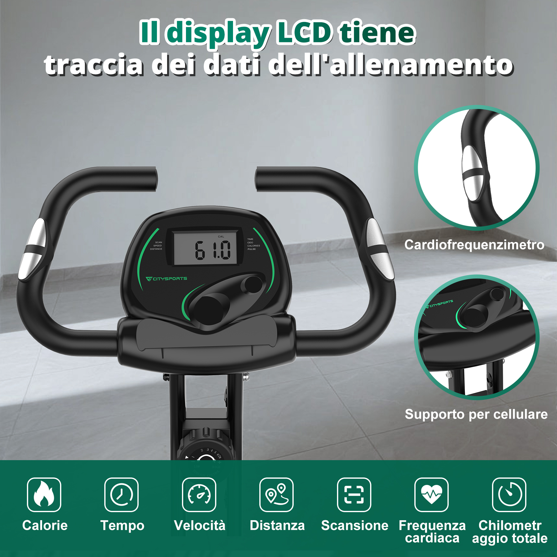 Cruscotto della cyclette con display. Vengono visualizzate le icone per calorie, tempo, velocità, distanza, scansione, frequenza cardiaca e distanza totale.