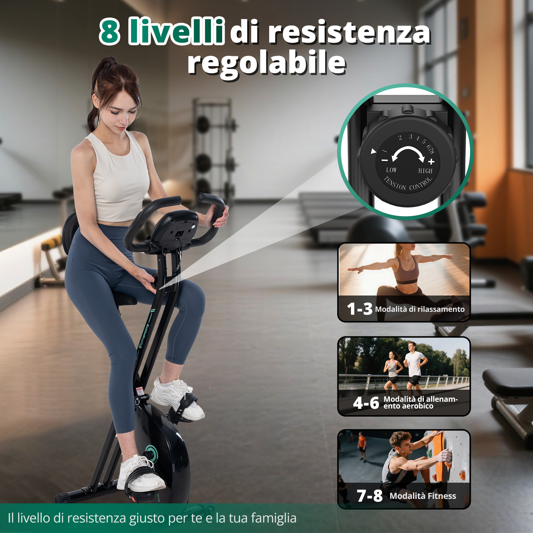 Donna su una cyclette con resistenza regolabile. Mostra le impostazioni per le modalità relax, aerobica e fitness.