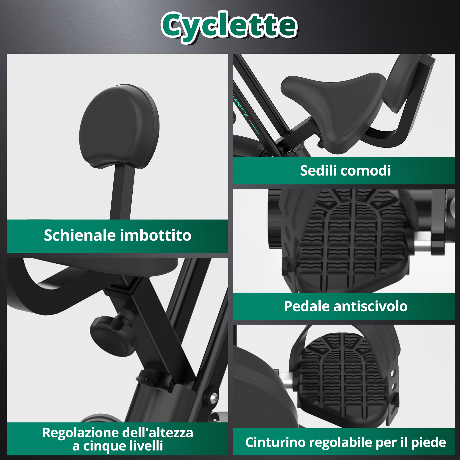 Primo piano dei componenti della cyclette: schienale imbottito, sedile comodo, pedali antiscivolo e cinghie regolabili per i piedi.