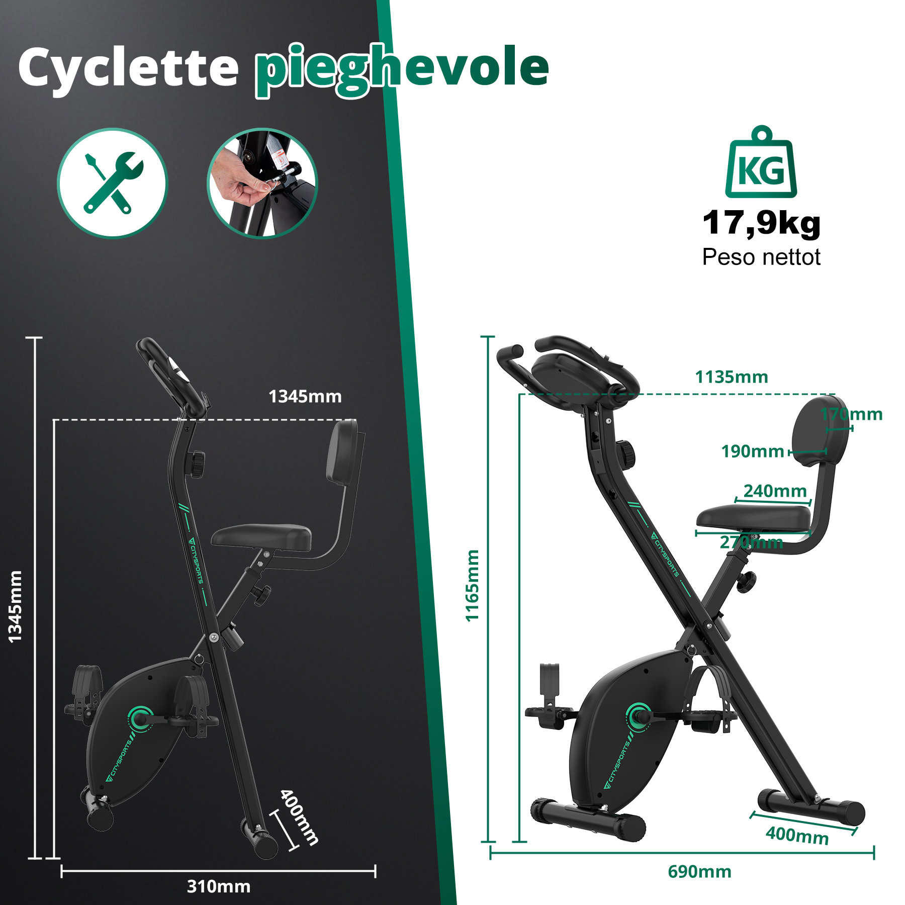 Cyclette pieghevole che mostra le dimensioni. Le caratteristiche includono peso netto, dimensioni e dettagli del meccanismo di piegatura.