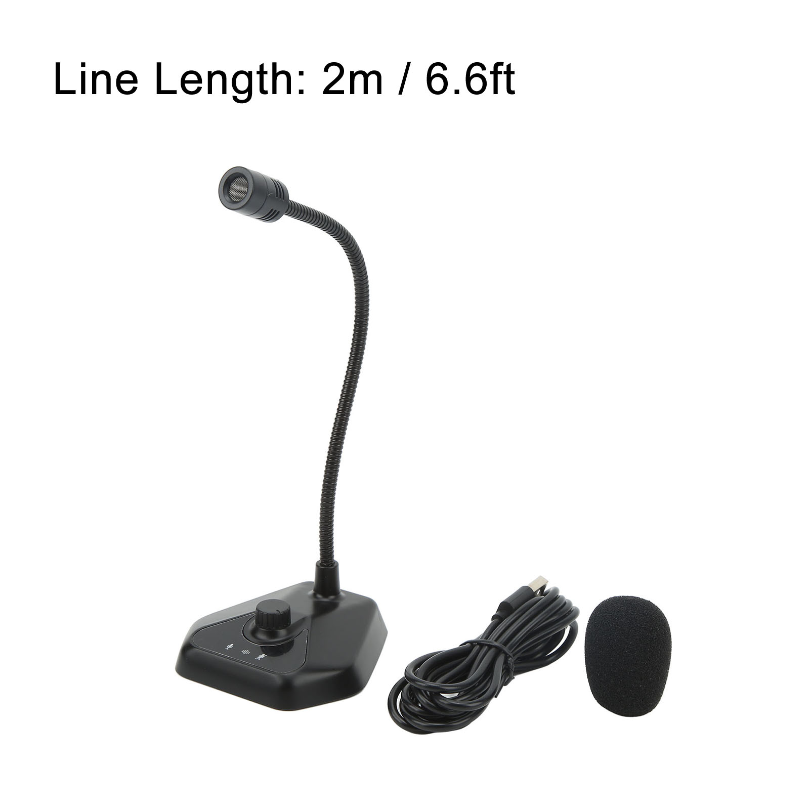 Ein schwarzes Mikrofon mit flexiblem Hals, Basis und Schaumstoffabdeckung. Ein schwarzes USB-Kabel ist ebenfalls vorhanden.