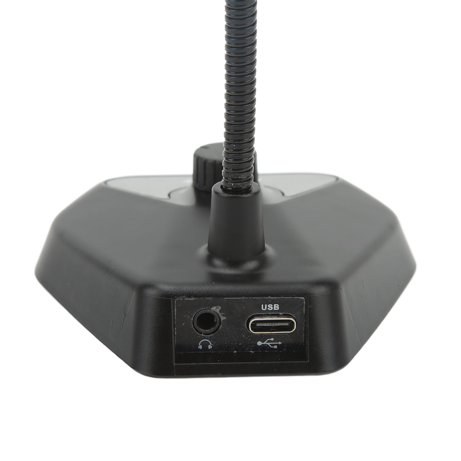 Schwarze Mikrofonbasis mit Knopf, Schwanenhals, USB- und Kopfhöreranschluss. Weißer Hintergrund.