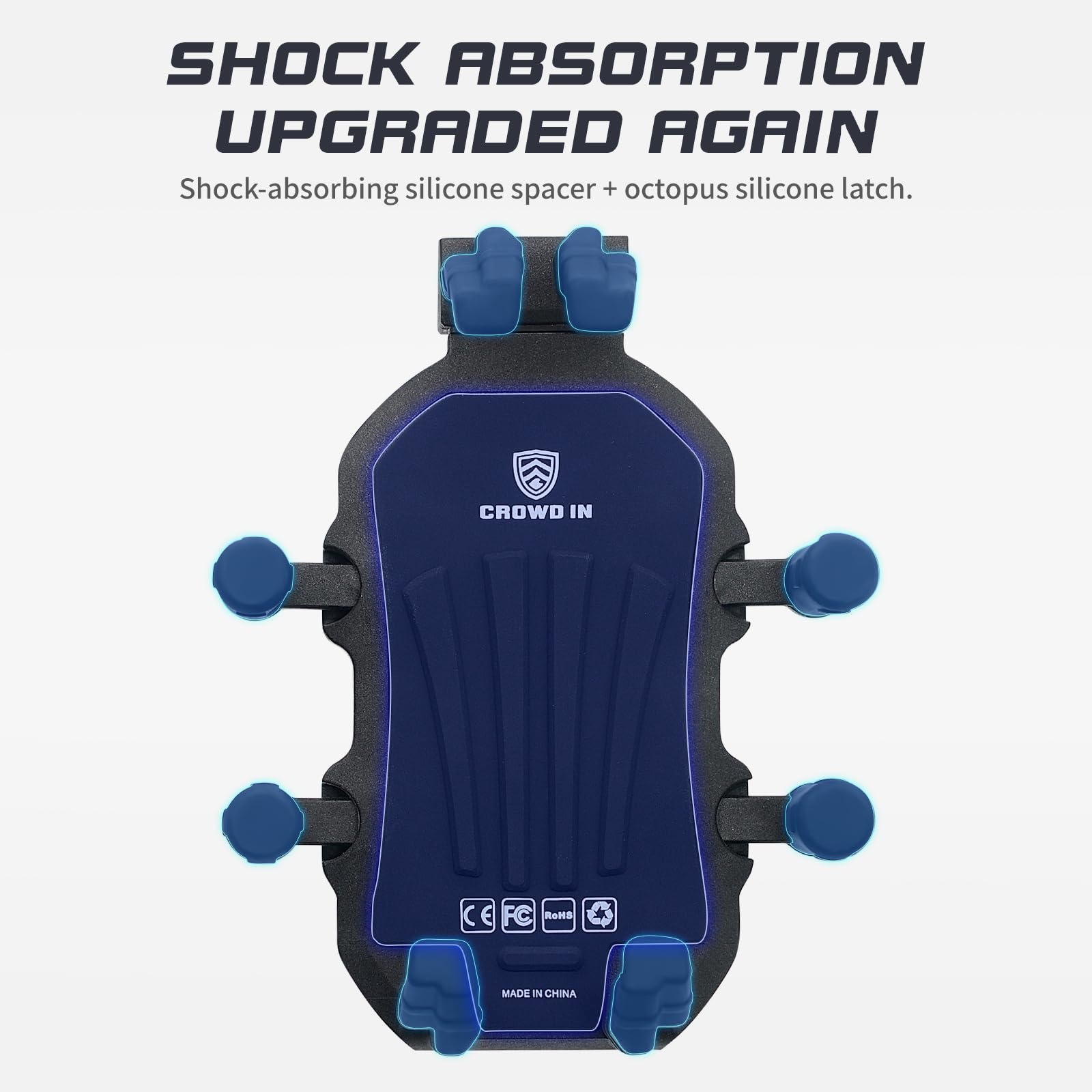 Schwarzer Telefonhalter mit blauen Akzenten, der das Crowd In-Logo zeigt.