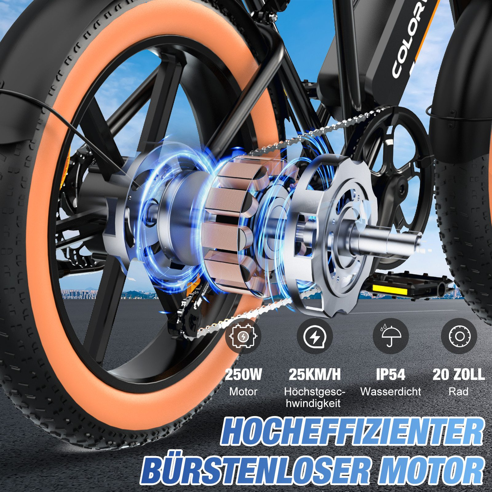 Nahaufnahme des Motors und Rades eines E-Bikes, Hervorhebung der Motorspezifikationen.