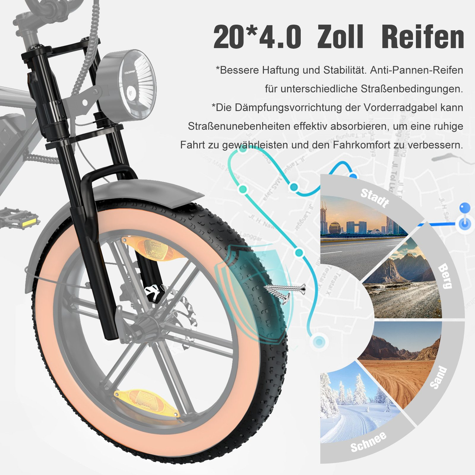 Schwarzes E-Bike mit orangen Reifen, Stadt-/Schnee-/Sand-/Berggrafiken und Text.