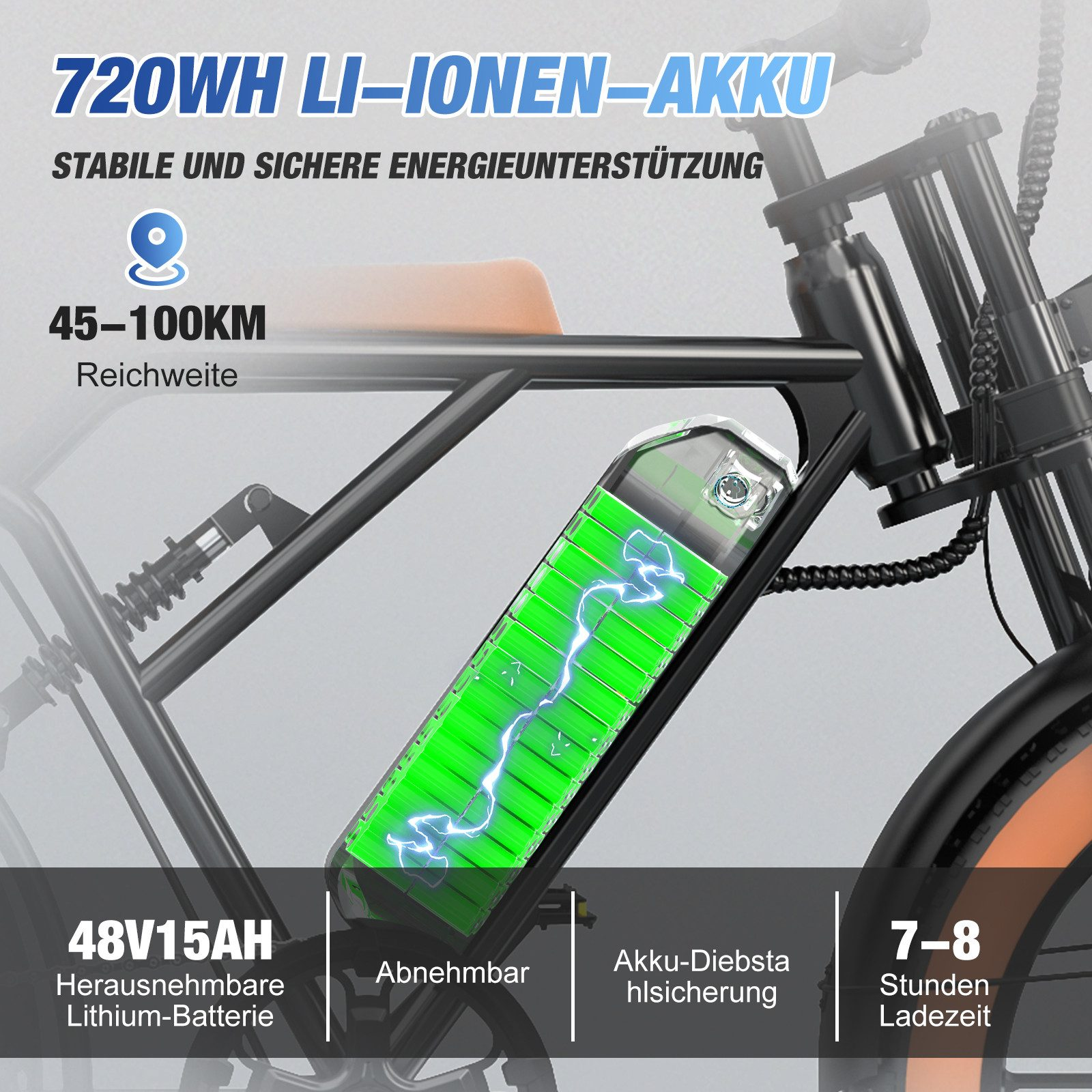 E-Bike-Batteriedetails: 720Wh Li-Ionen-Akku, Reichweite und Akku-Features.