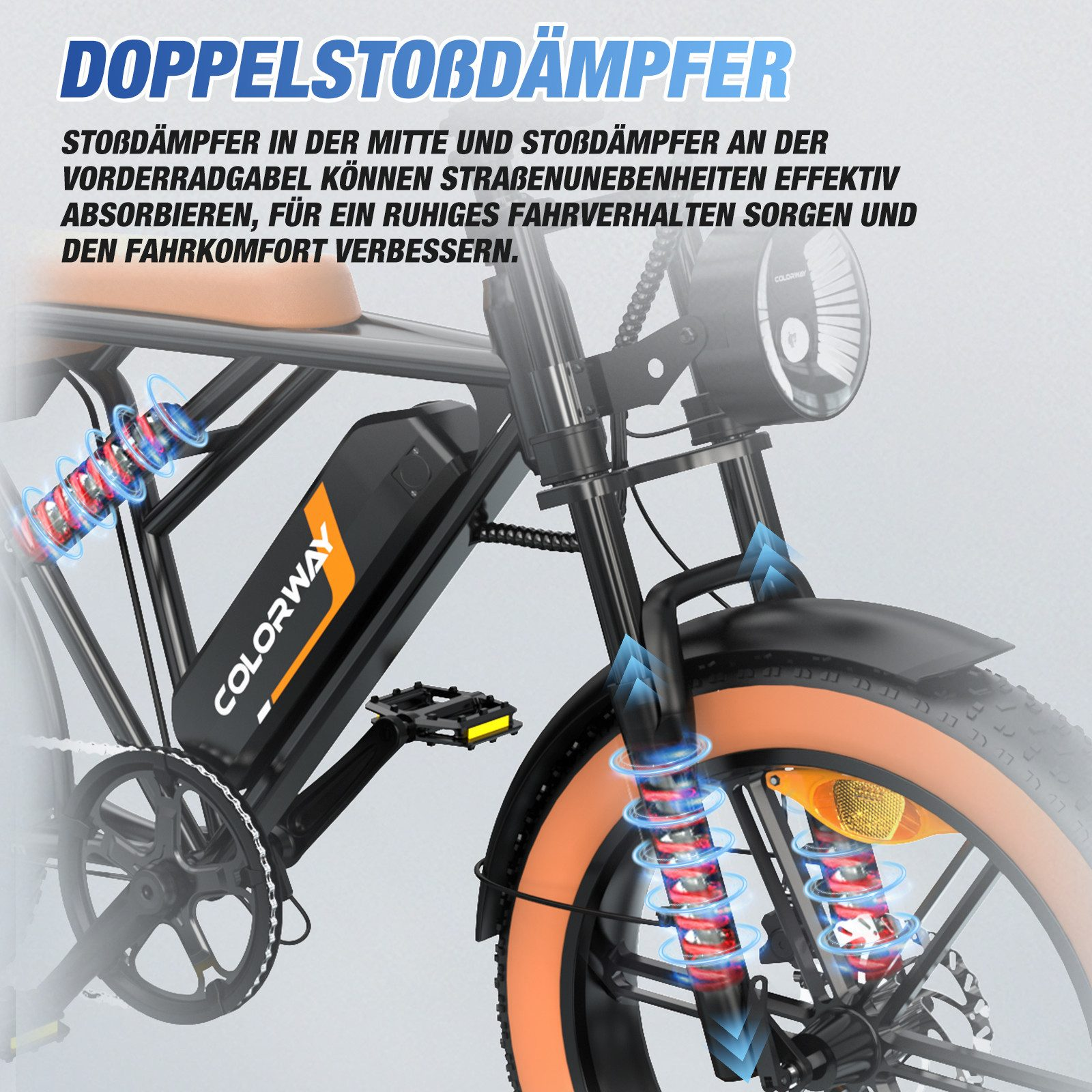 Nahaufnahme eines schwarzen E-Bikes mit orangen Reifen und Stoßdämpfern.
