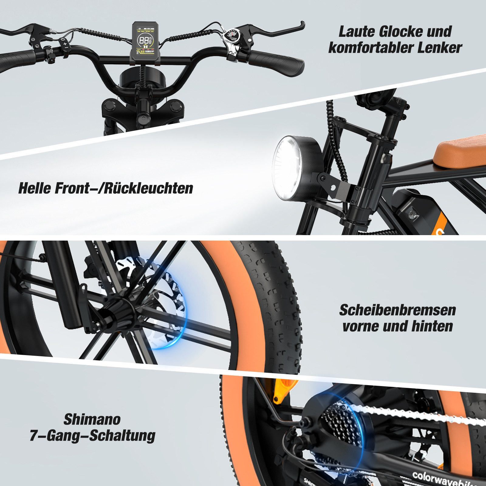 E-Bike-Details: Lenker, Lichter, Scheibenbremsen, Shimano-Gänge und mehr.