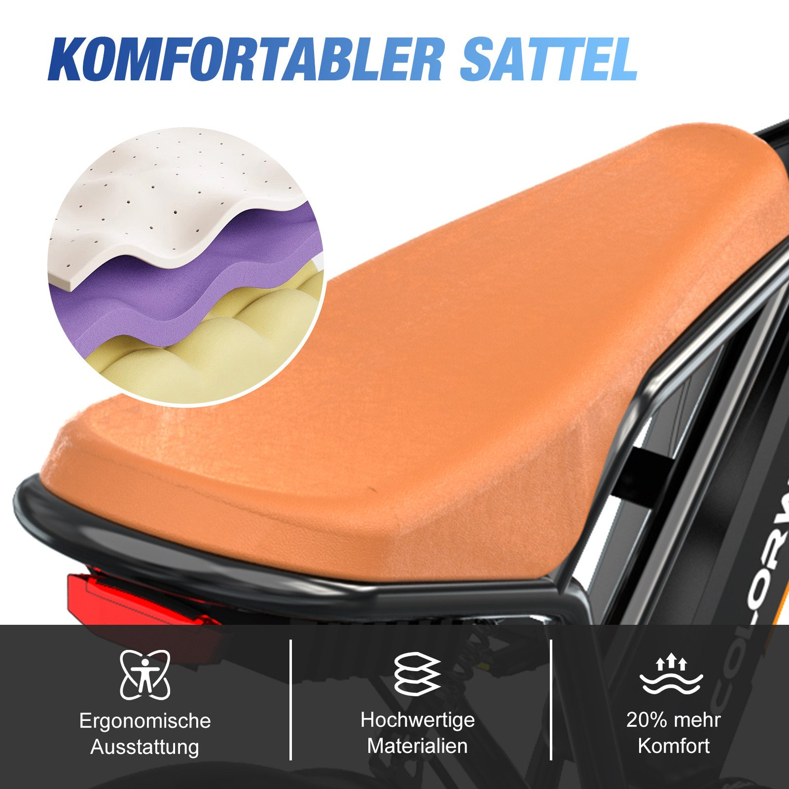 Nahaufnahme eines E-Bike-Sitzes, der den Komfort des Sattels zeigt.