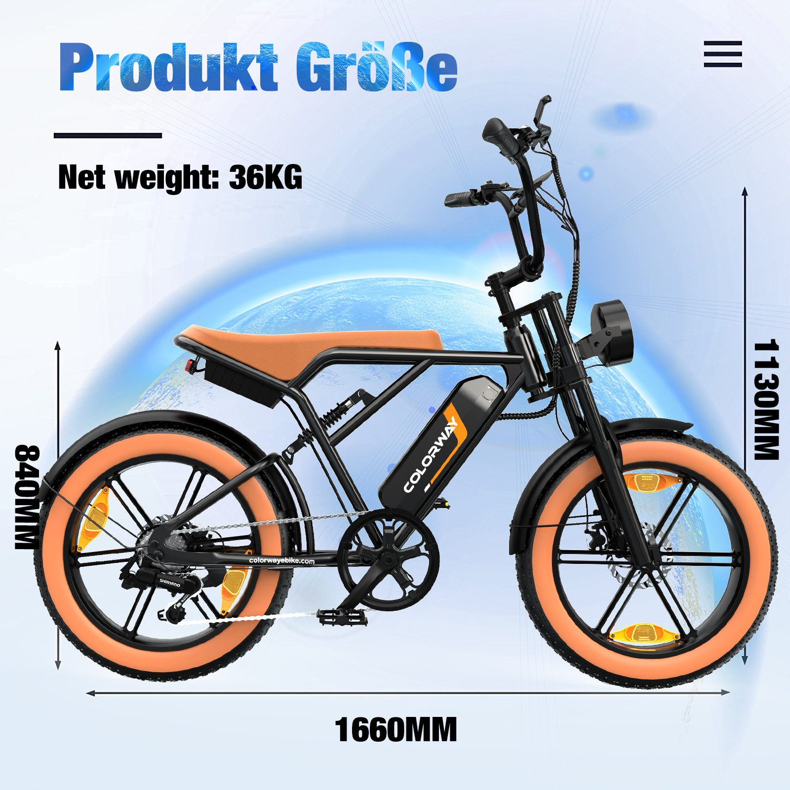 E-Bike-Abmessungen: 1660 mm Länge, 1130 mm Höhe, 840 mm Höhe und 36 kg Gewicht.
