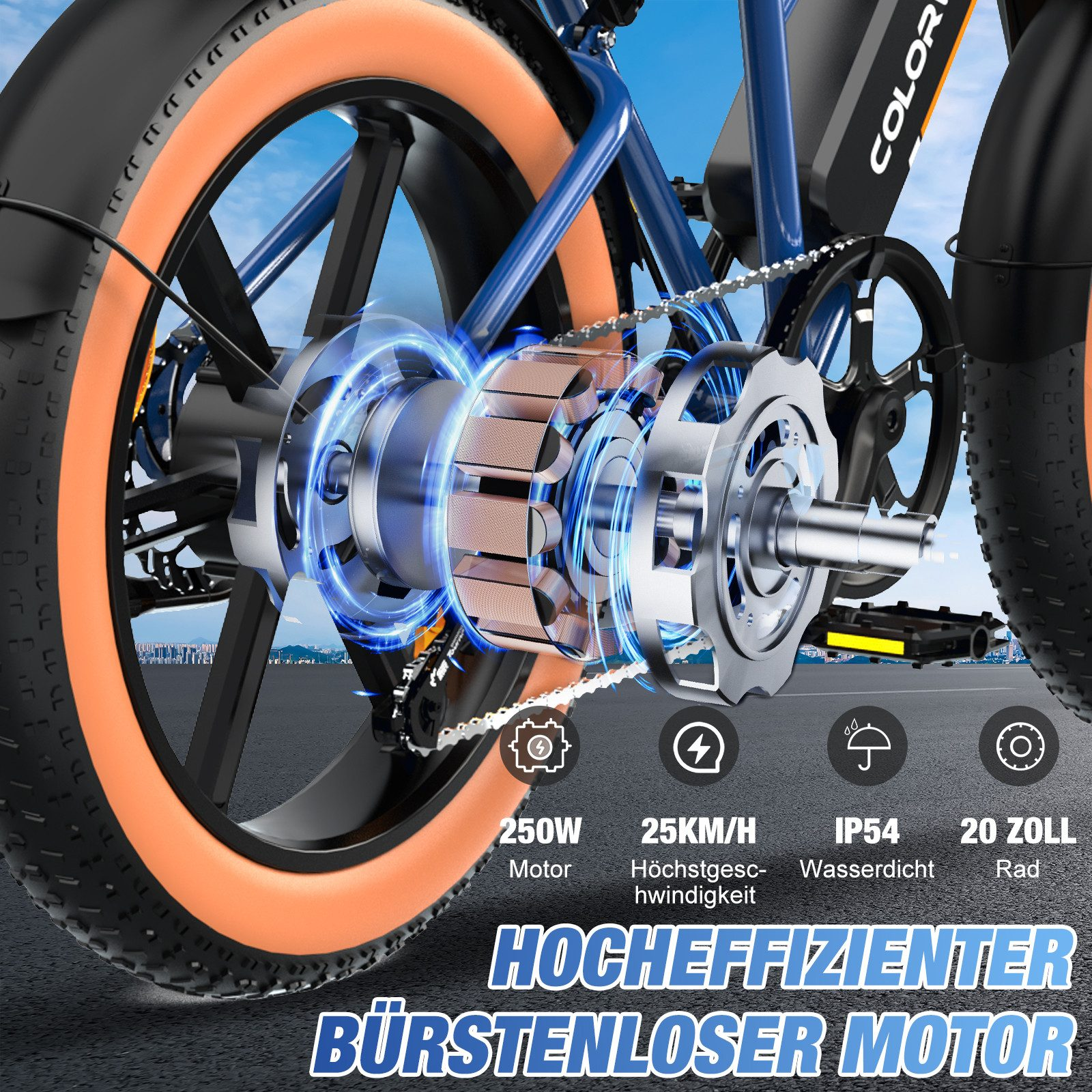 Nahaufnahme des Motors und Rades eines E-Bikes, Hervorhebung der Motorspezifikationen.