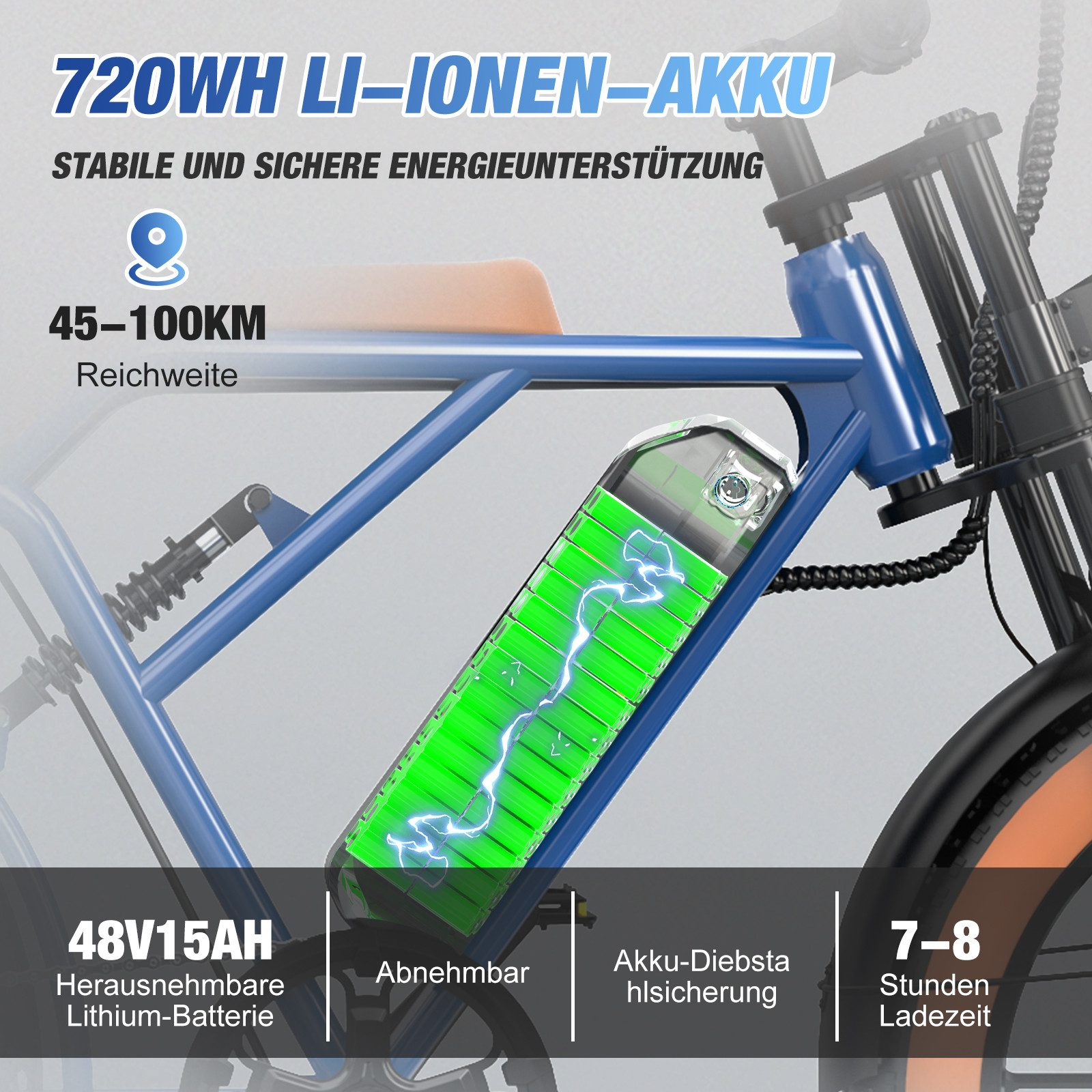E-Bike-Batteriedetails: 720Wh Li-Ionen-Akku, Reichweite und Akku-Features.