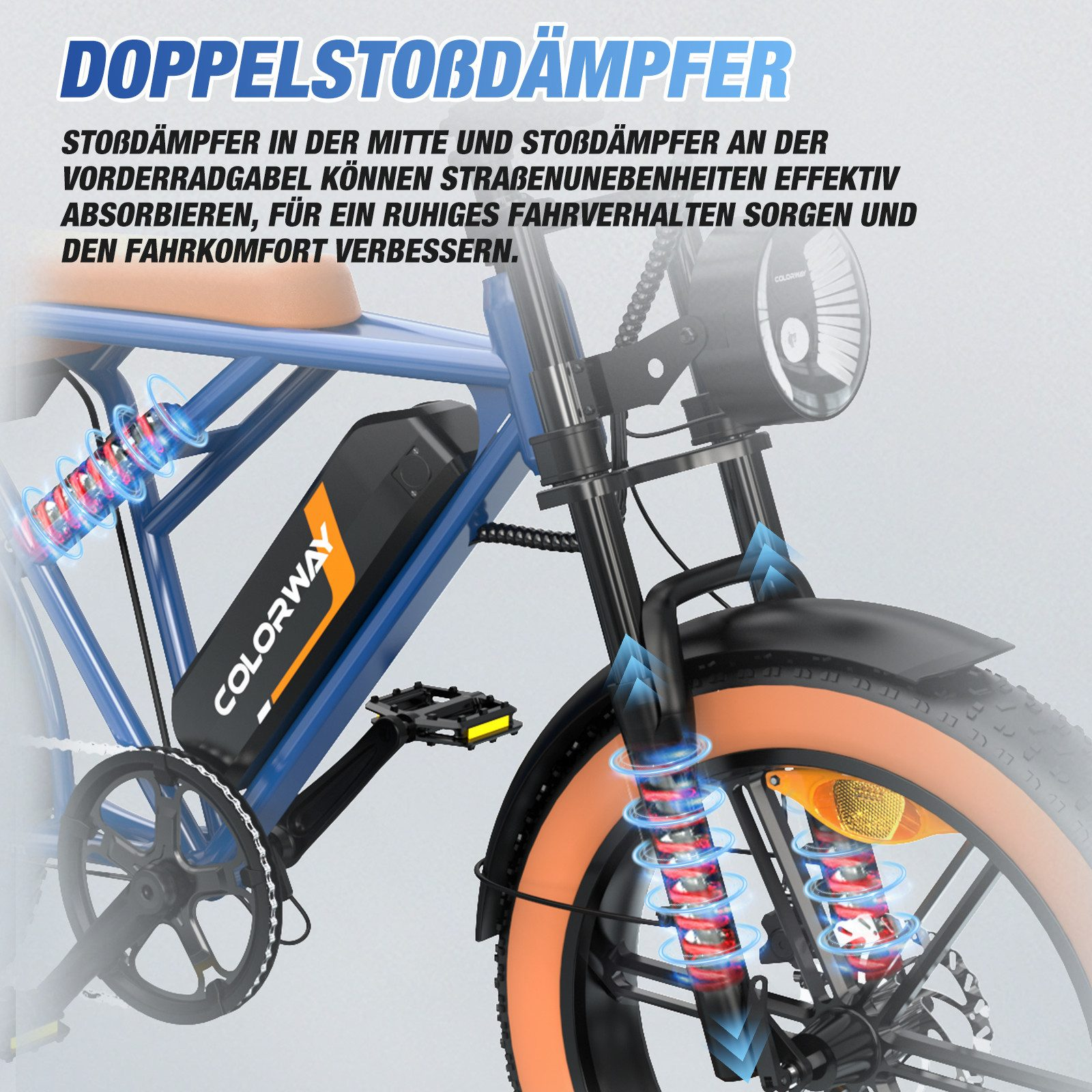 Blaues Colorway-E-Bike mit orangefarbenen Reifen, Federung und schwarzen Details. Text hebt Stoßdämpfer hervor.