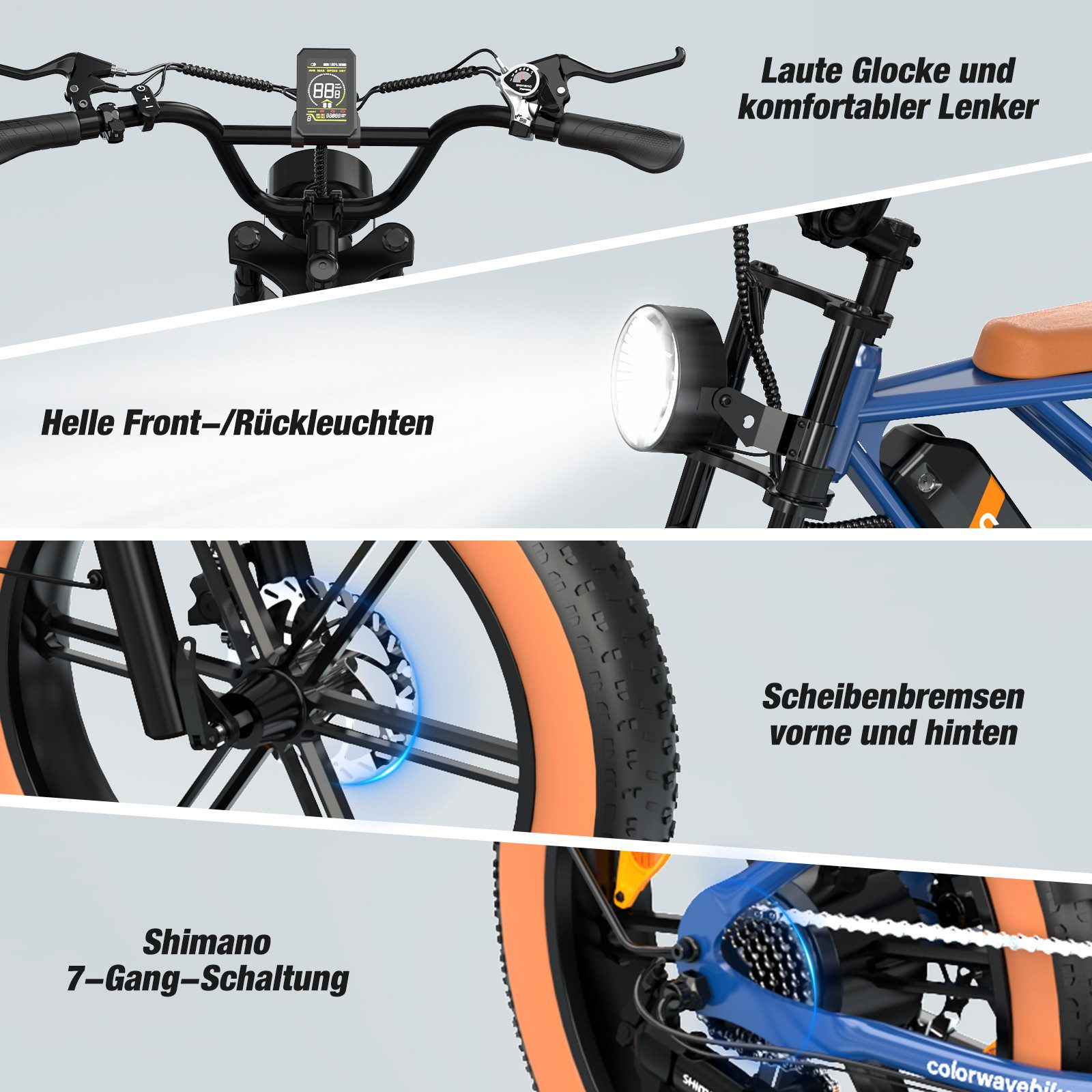 E-Bike-Details: Lenker, Lichter, Scheibenbremsen, Shimano-Gänge und mehr.