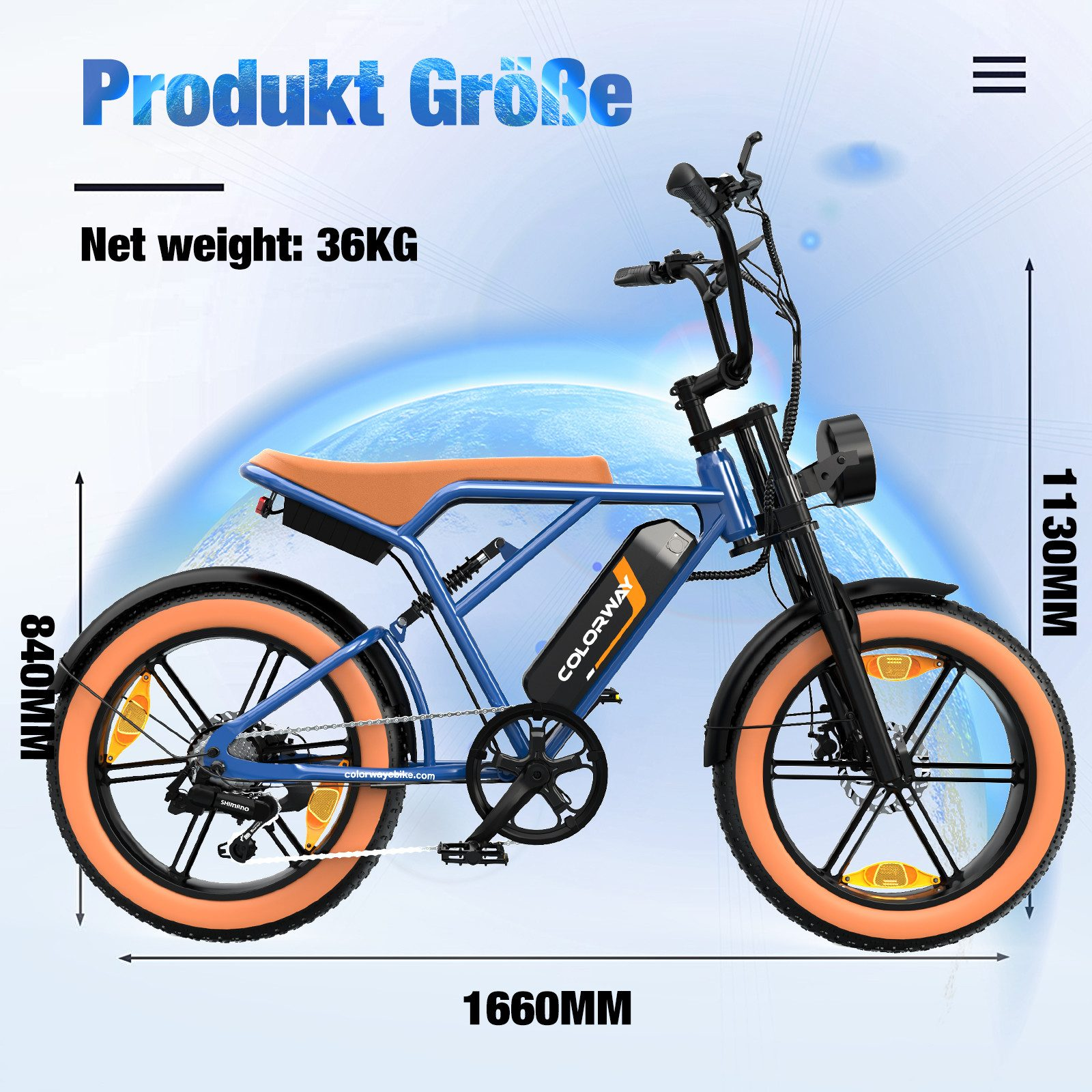 E-Bike-Abmessungen: 1660 mm Länge, 1130 mm Höhe, 840 mm Höhe und 36 kg Gewicht.