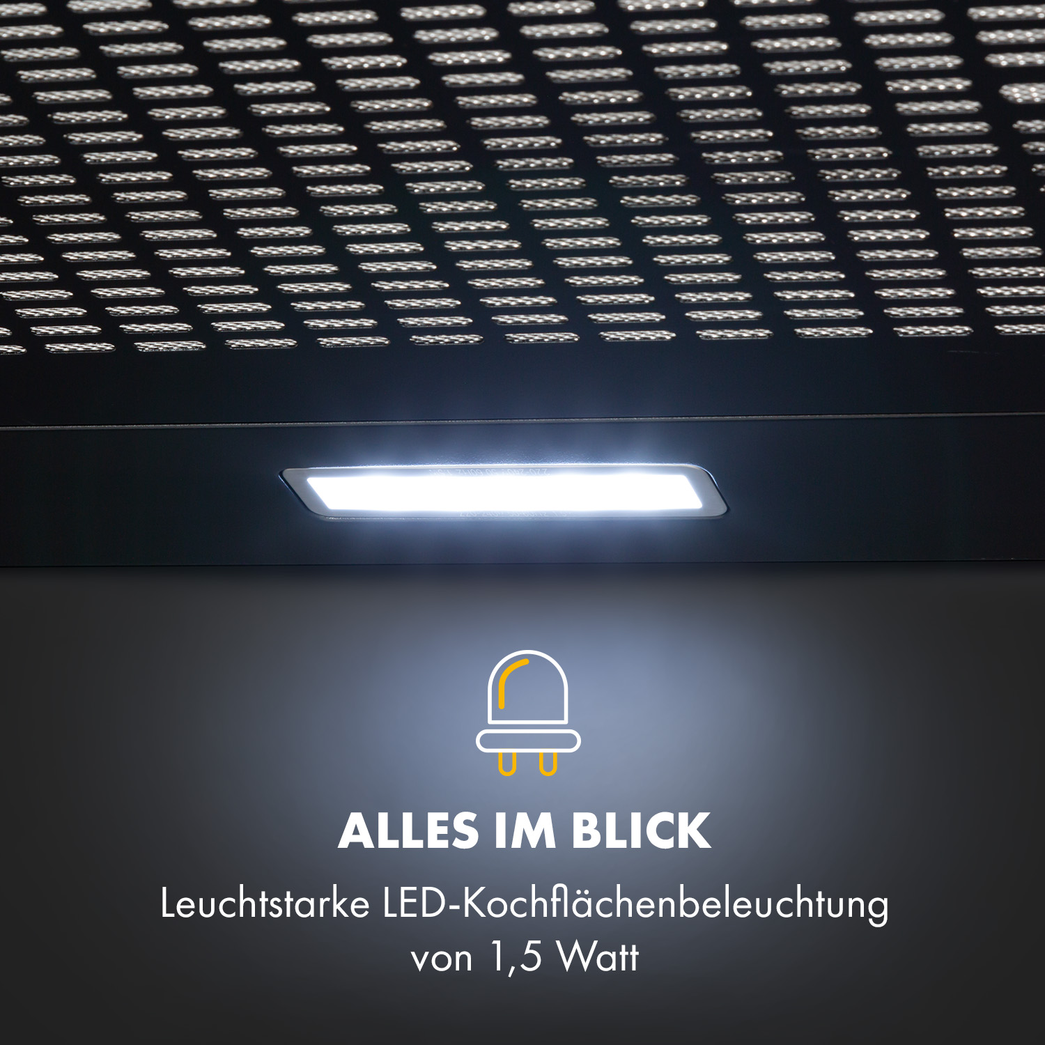 Primer plano de la luz de una campana extractora. Texto: 'ALLES IM BLICK' y 'LED-Kochflächenbeleuchtung'.