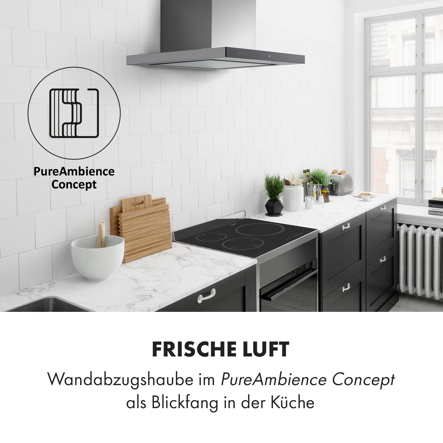 Küche mit Dunstabzugshaube. Text: 'FRISCHE LUFT' und 'PureAmbience Concept'. Küchenzeile.