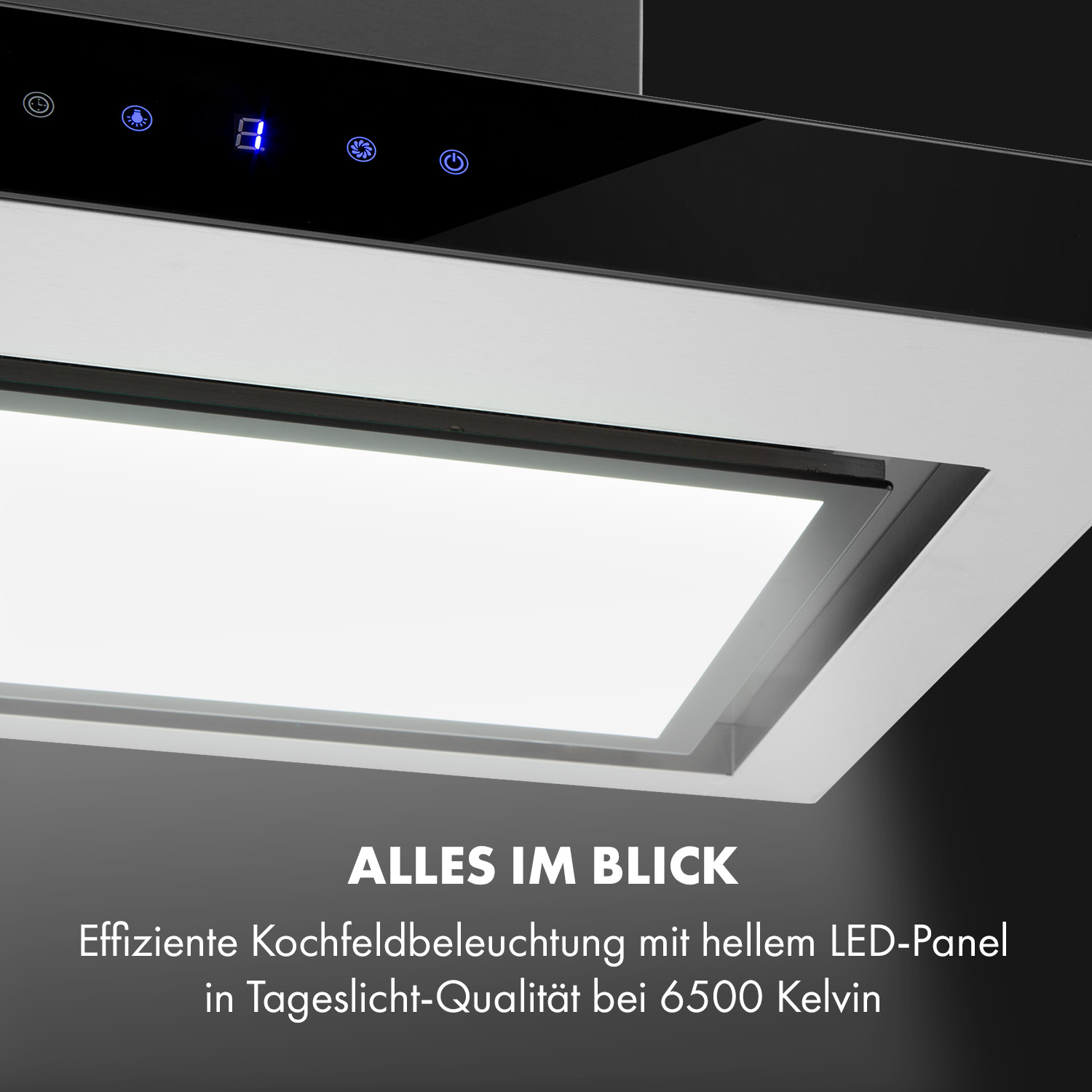 Dunstabzugshaube mit Lichtpanel, Text: Alles im Blick. Effizientes LED-Panel.