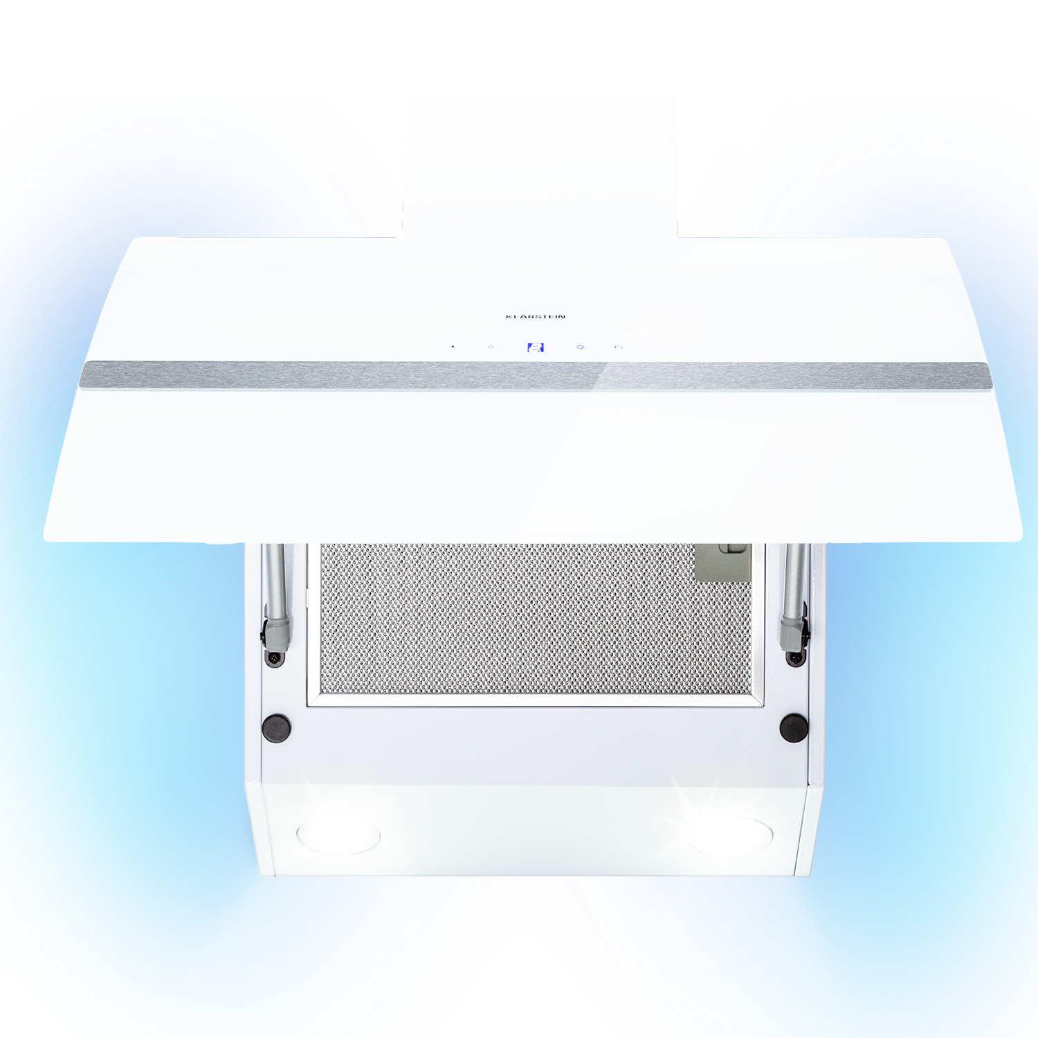 Campana Klarstein blanca, abierta. La imagen muestra el interior y las luces con vapor.