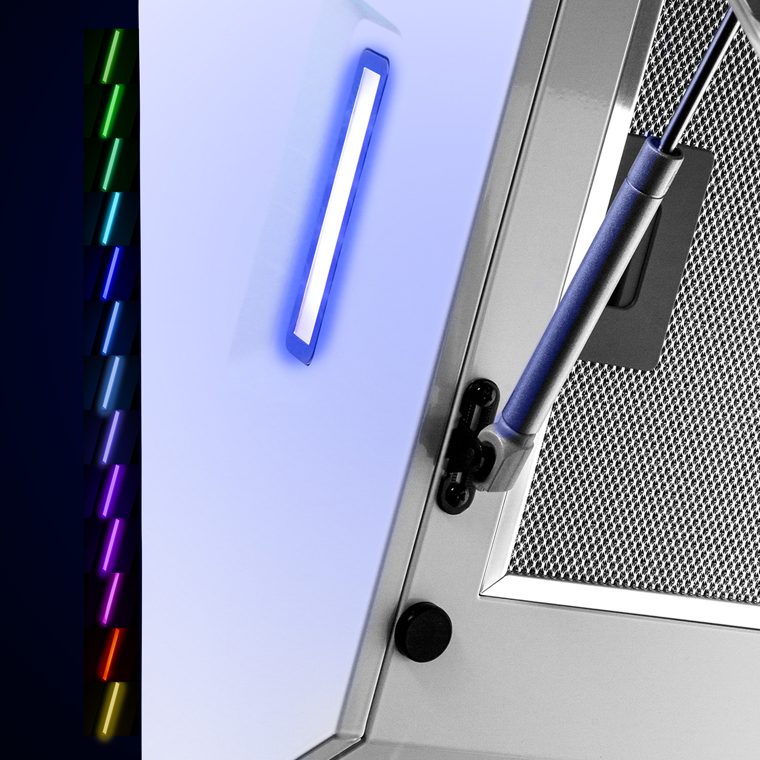 Primer plano de una campana extractora blanca con luces LED azules y una ventilación negra y cuadrada.