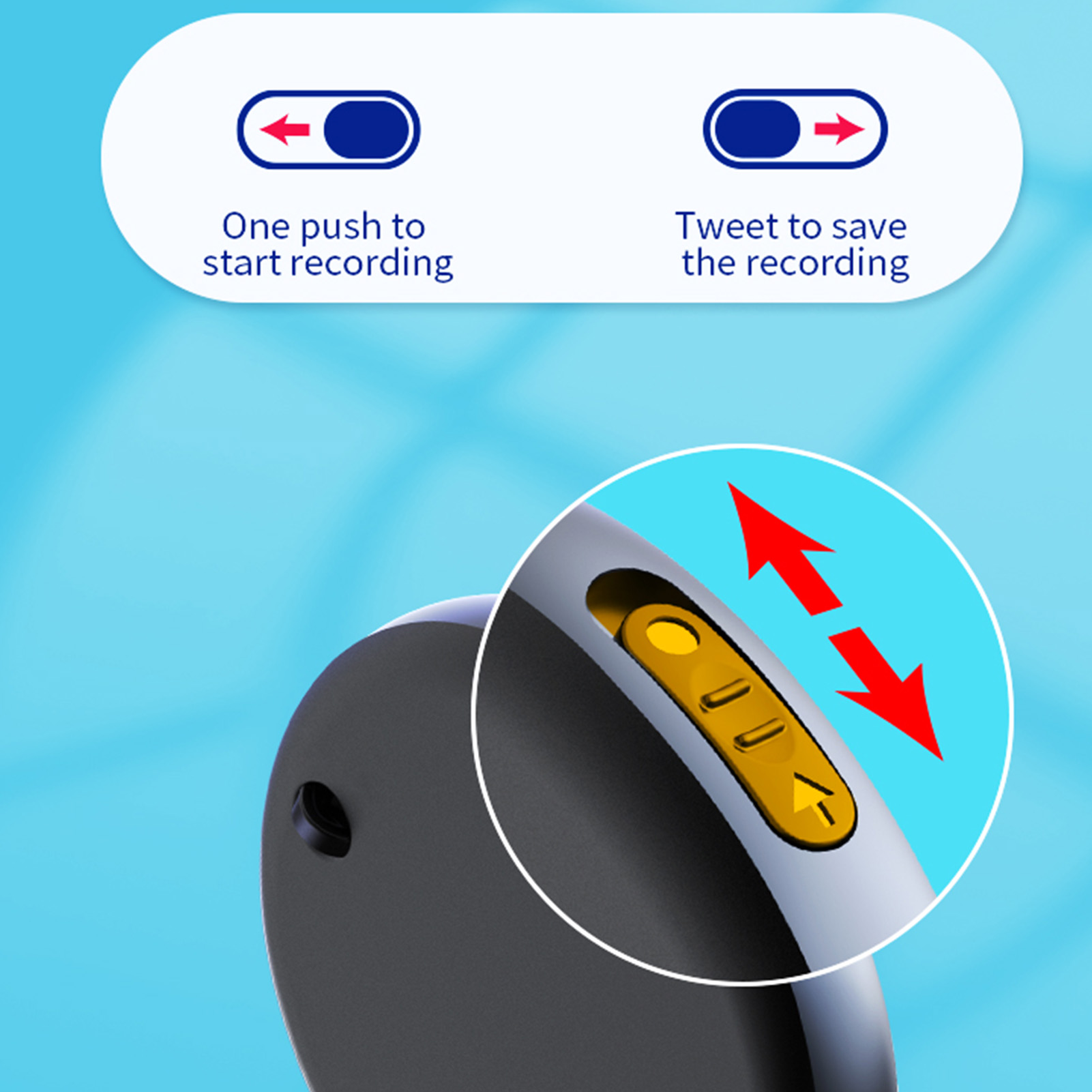 Nahaufnahme eines Geräts mit Knöpfen. Text lautet: 'One push to start recording' und 'Tweet to save the recording'.