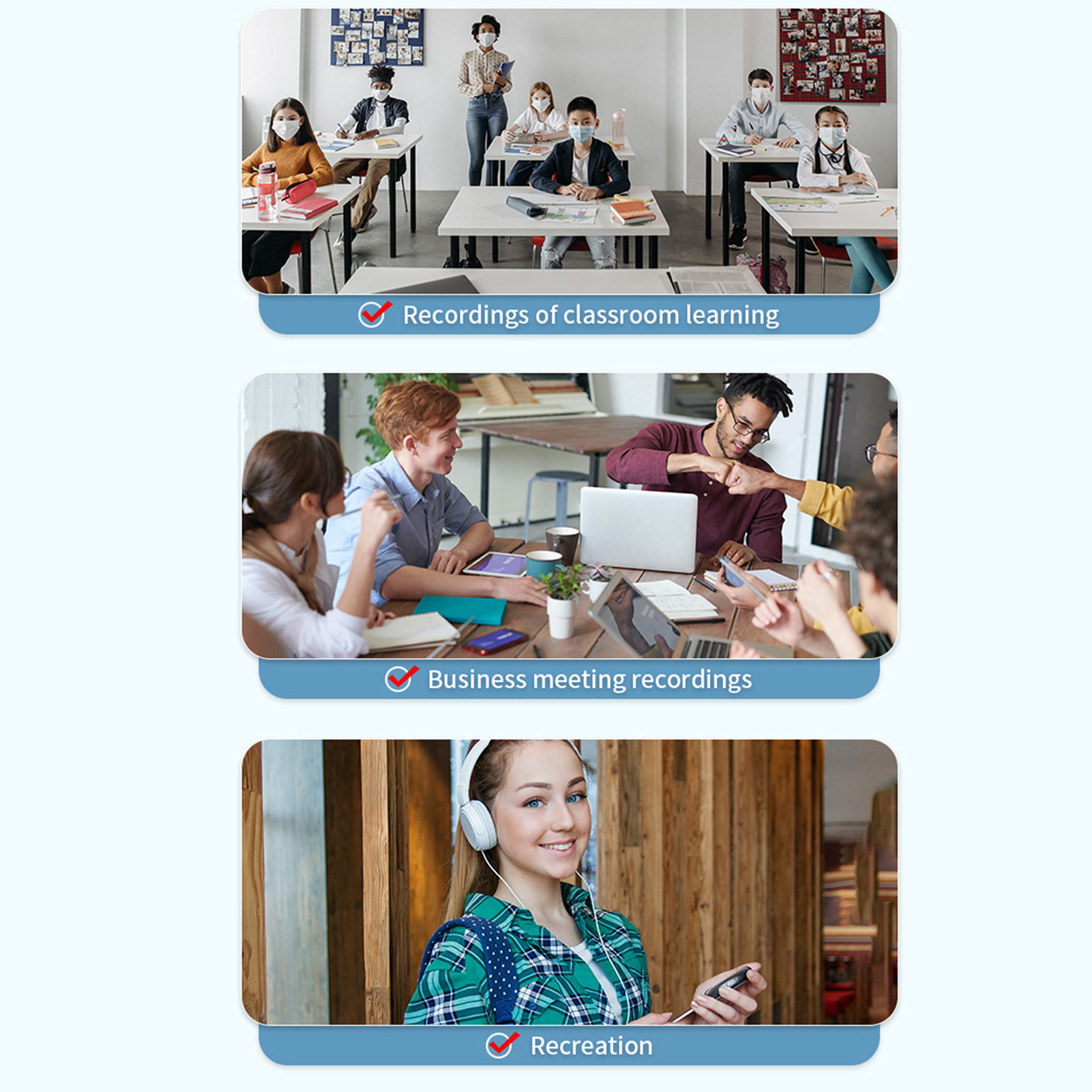 Drei Bilder von Personen, die das Gerät benutzen: ein Klassenzimmer, ein Geschäftstreffen und Freizeit.
