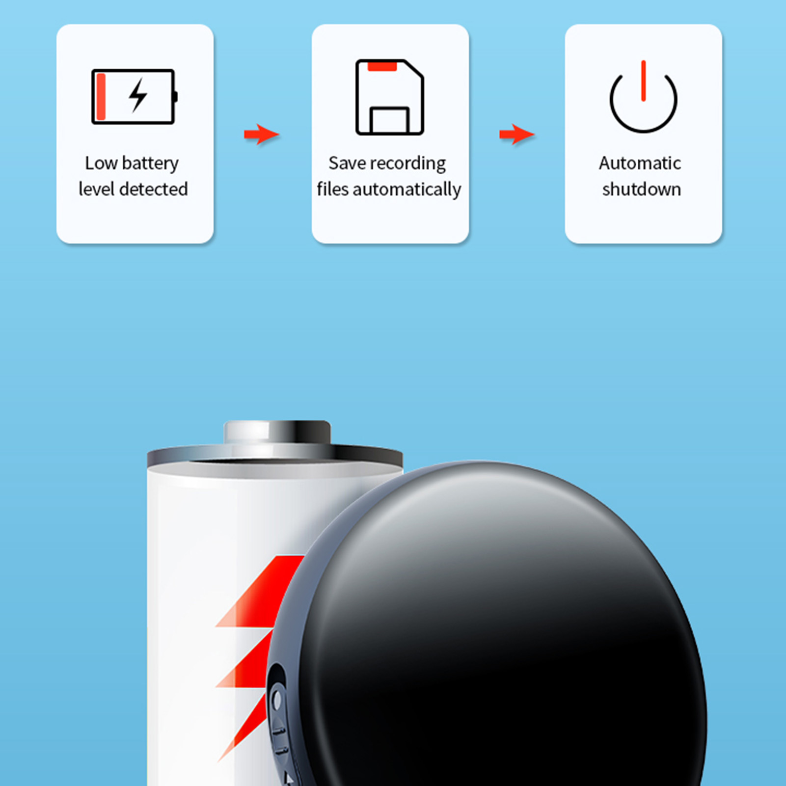 Schwarzes Audioaufnahmegerät mit weißer Batterie und den Worten: Batterie leer, Aufnahme speichern, Herunterfahren.