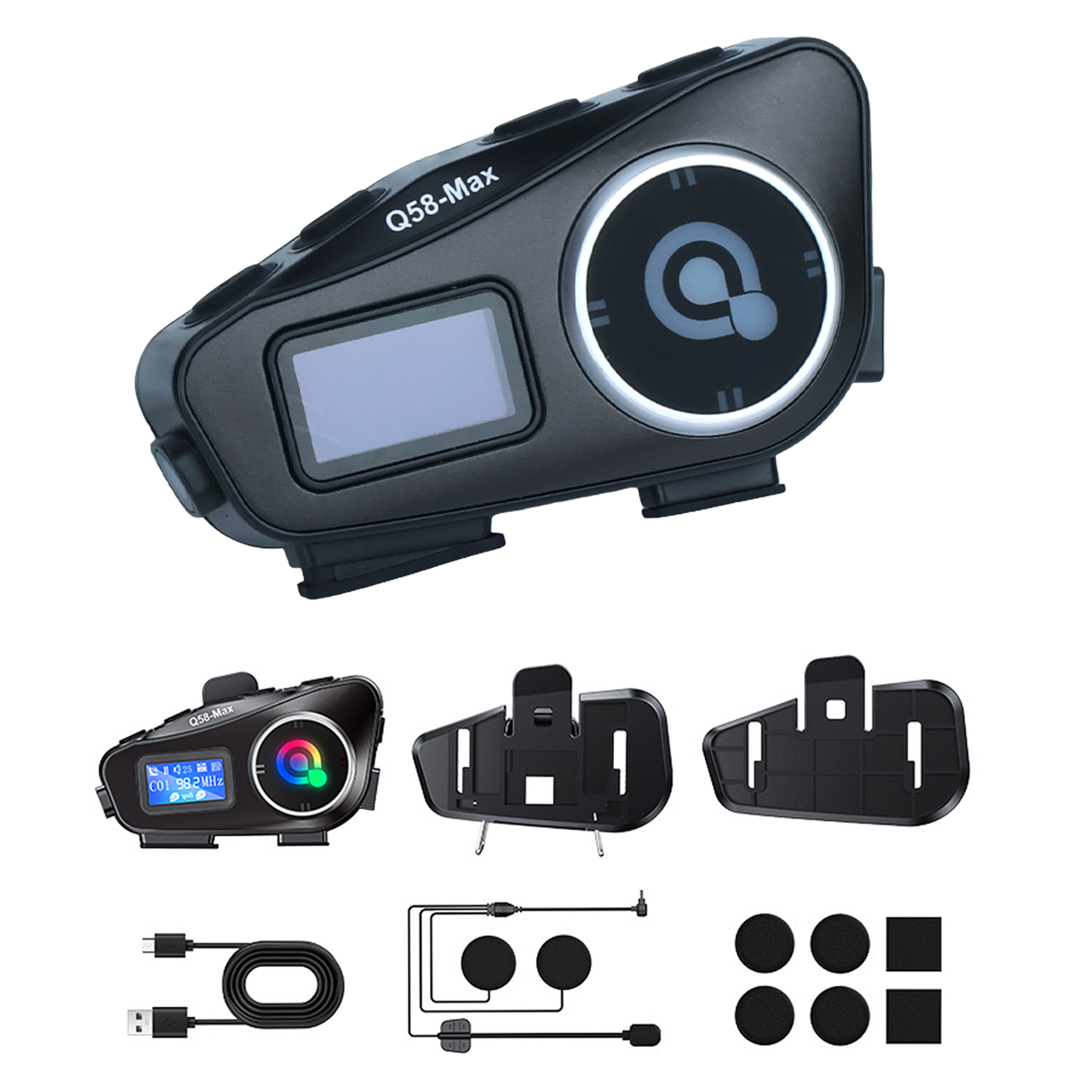 Schwarzes Q58-Max Motorrad-Kommunikationsgerät mit Zubehör: Halterungen, Kabel, Lautsprecher und Pads. Weißer Hintergrund.