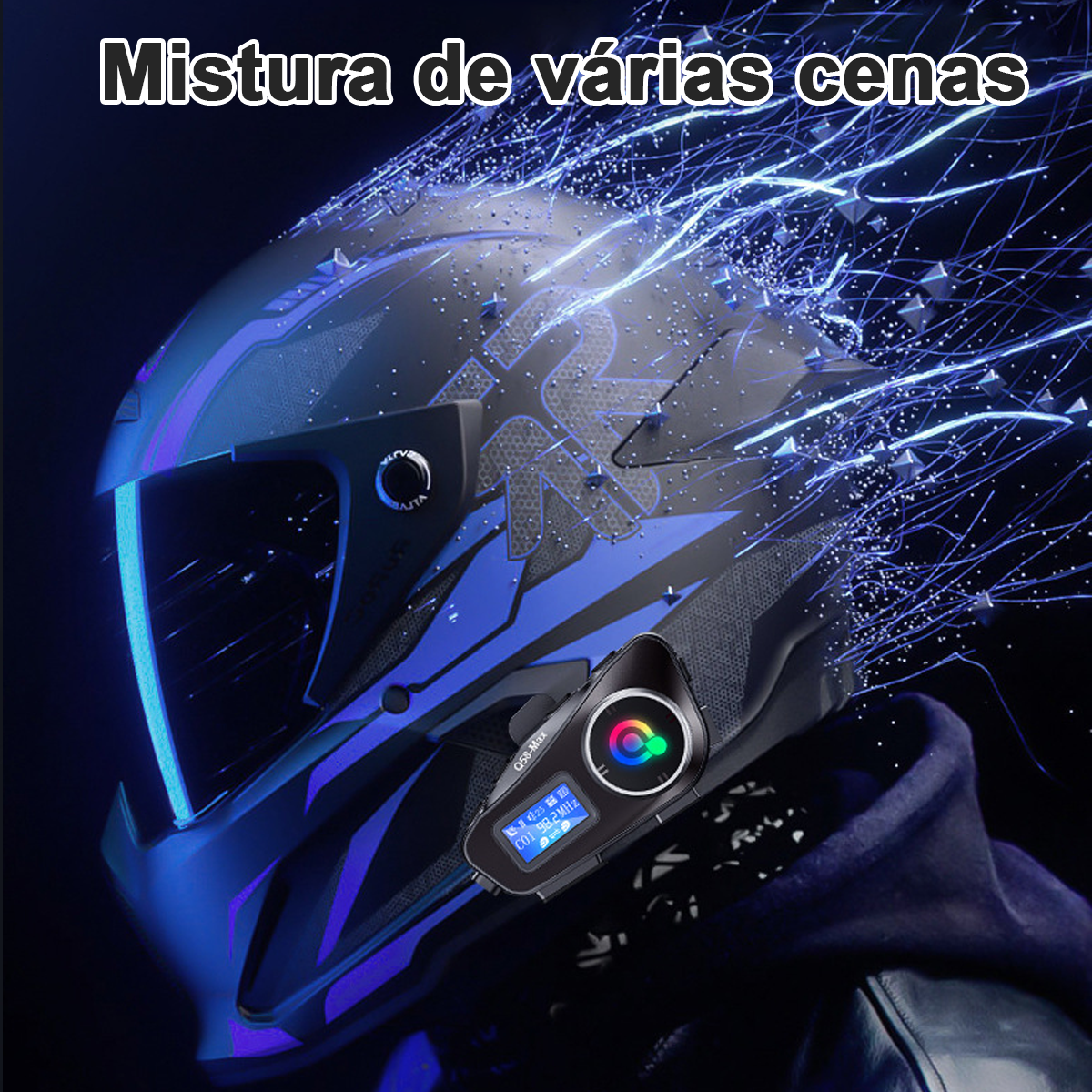 Motorradhelm mit Gerät, Lichtern und Text. Blaue Lichteffekte befinden sich auf dem Helm.