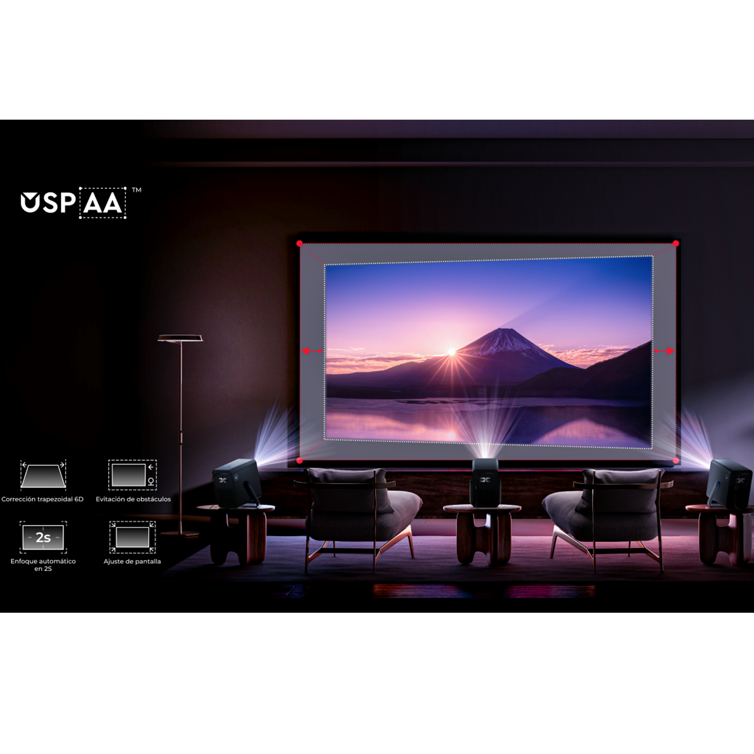 Un proyector proyecta sobre una pantalla con una imagen de montaña. Está en una habitación oscura. Tiene enfoque automático y ajuste.