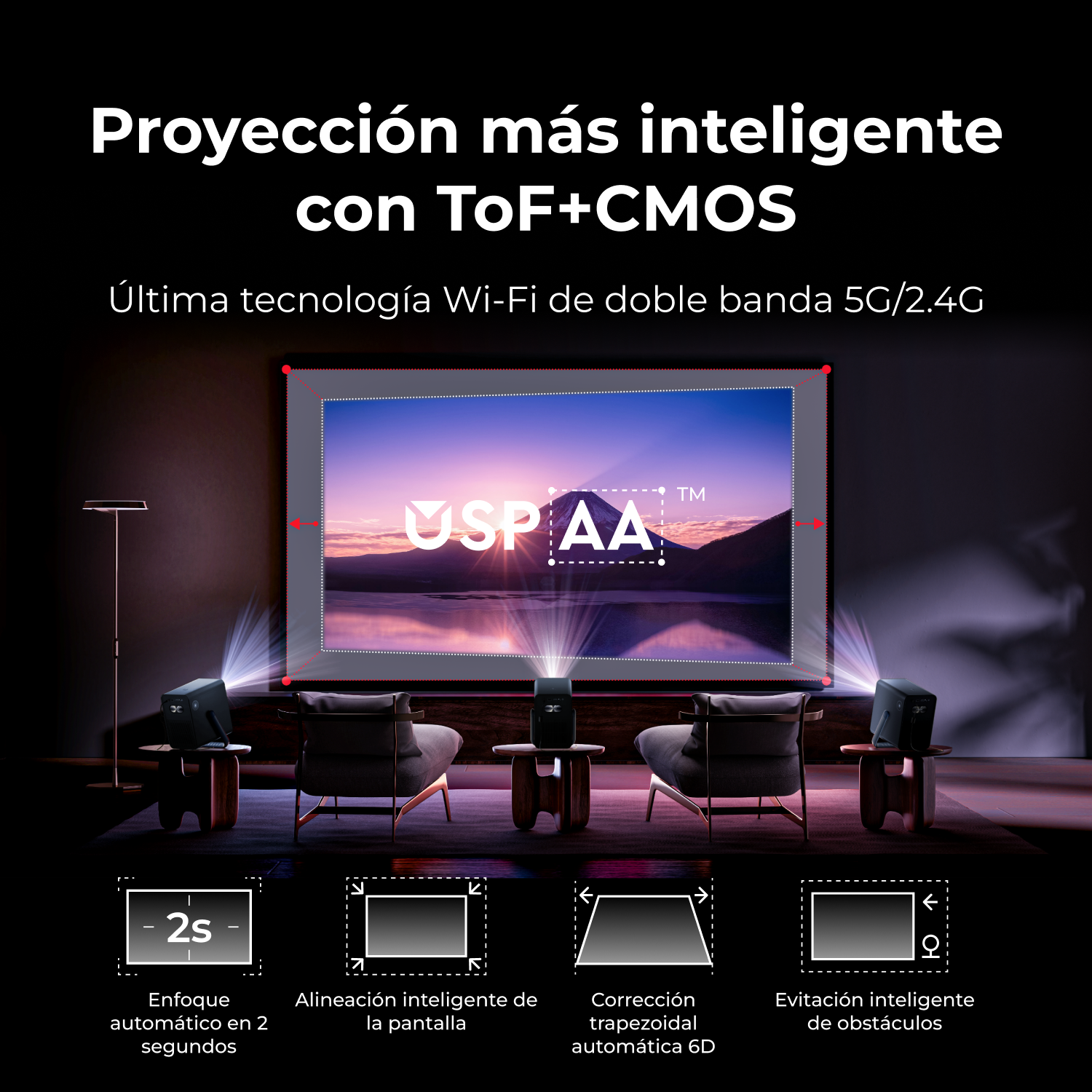 Un proyector muestra una pantalla con una imagen de montaña. Tiene funciones como enfoque automático y corrección trapezoidal 6D.