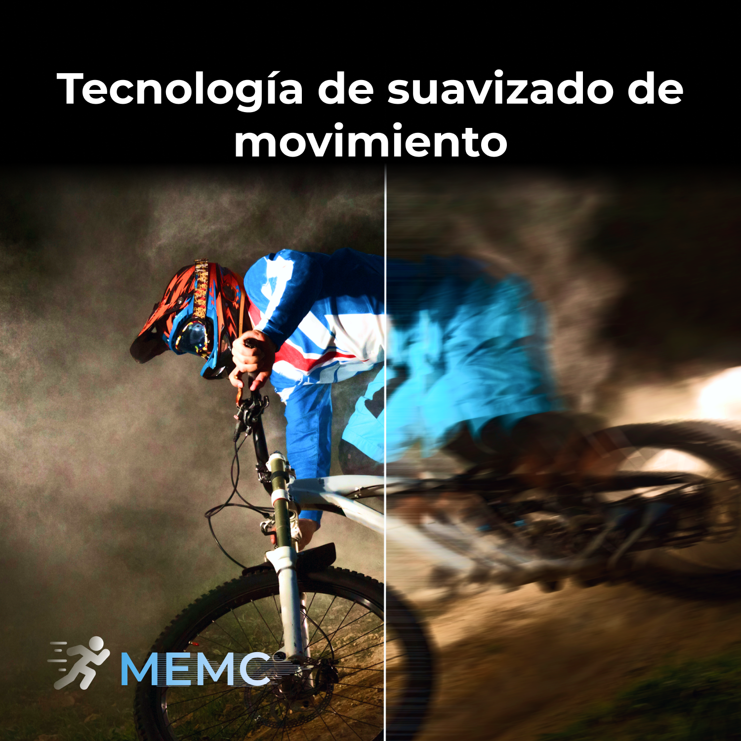 Un ciclista en una bicicleta de montaña, en movimiento. La imagen muestra una comparación de la tecnología de suavizado de movimiento.