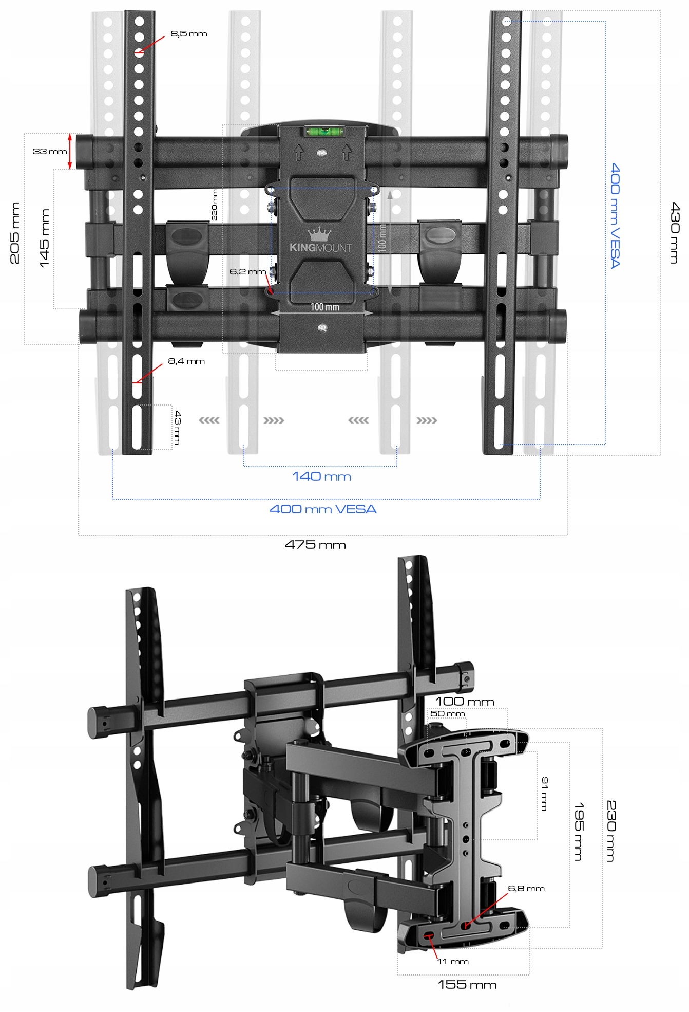 Schemat czarnego uchwytu ściennego do TV z wymiarami. Wymiary oznaczone.