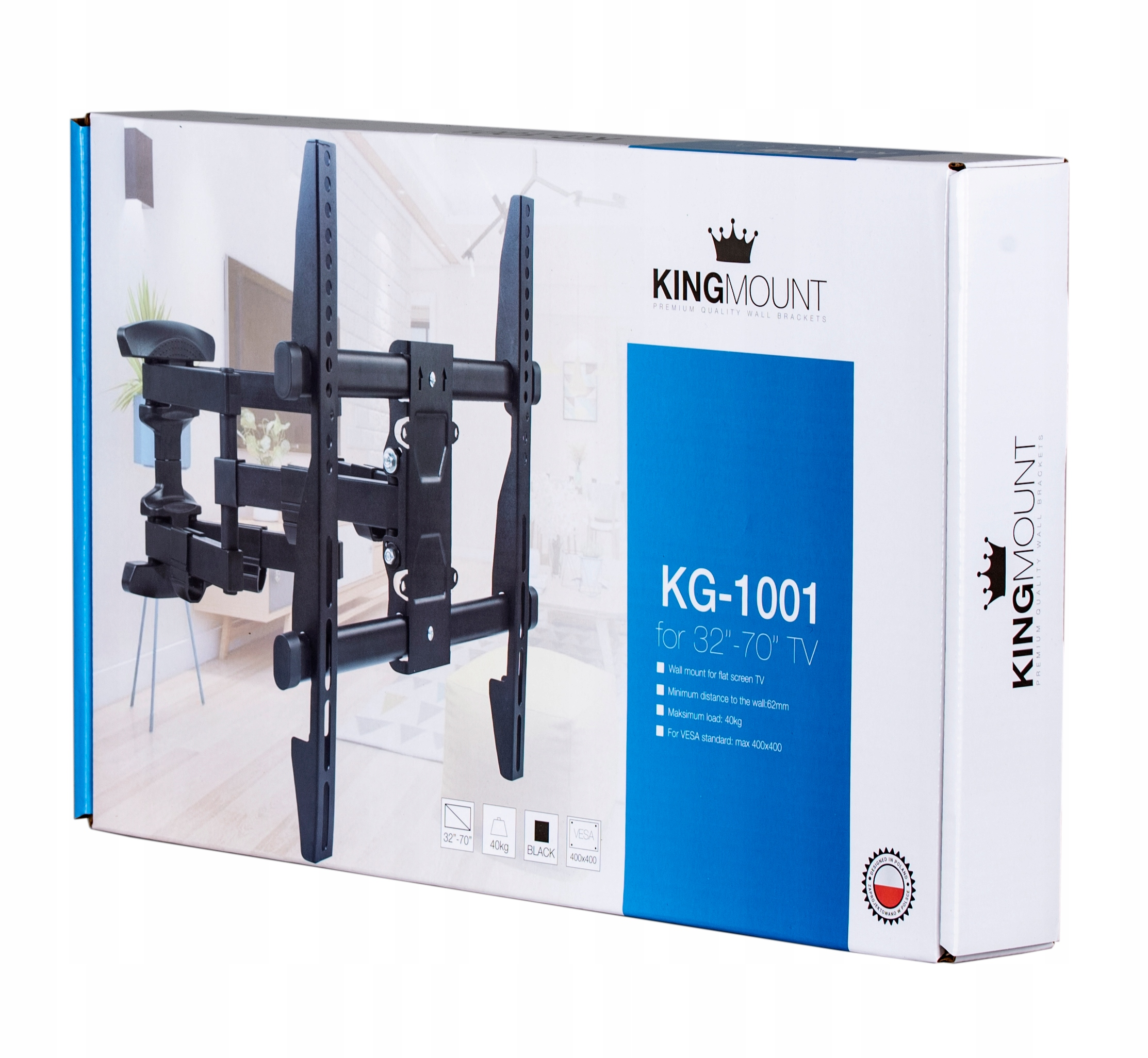 Pudełko czarnego uchwytu ściennego do TV. Pudełko pokazuje uchwyt i jego cechy.