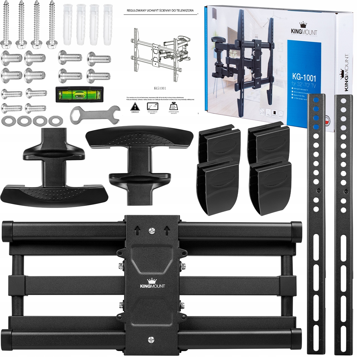 Zestaw do montażu ściennego TV z różnymi śrubami, poziomicą i czarnymi wspornikami montażowymi. Widoczne jest pudełko z informacjami o produkcie.