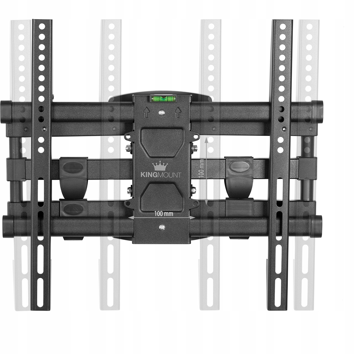 Czarny uchwyt ścienny do TV, marki Kingmount, z poziomicą i wspornikiem.