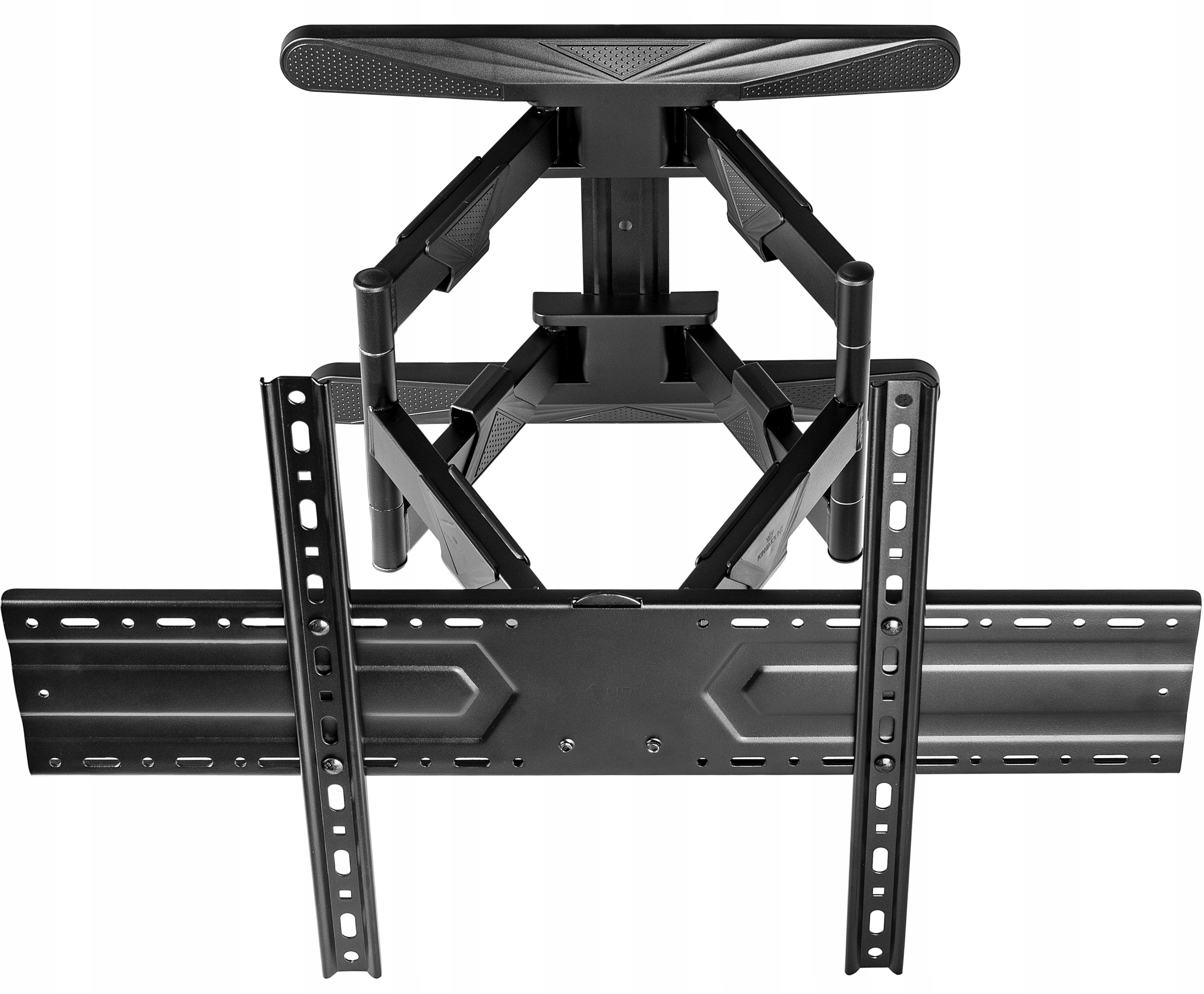 Czarny uchwyt ścienny do TV, widok z góry. Konstrukcja przegubowa z wieloma połączeniami.