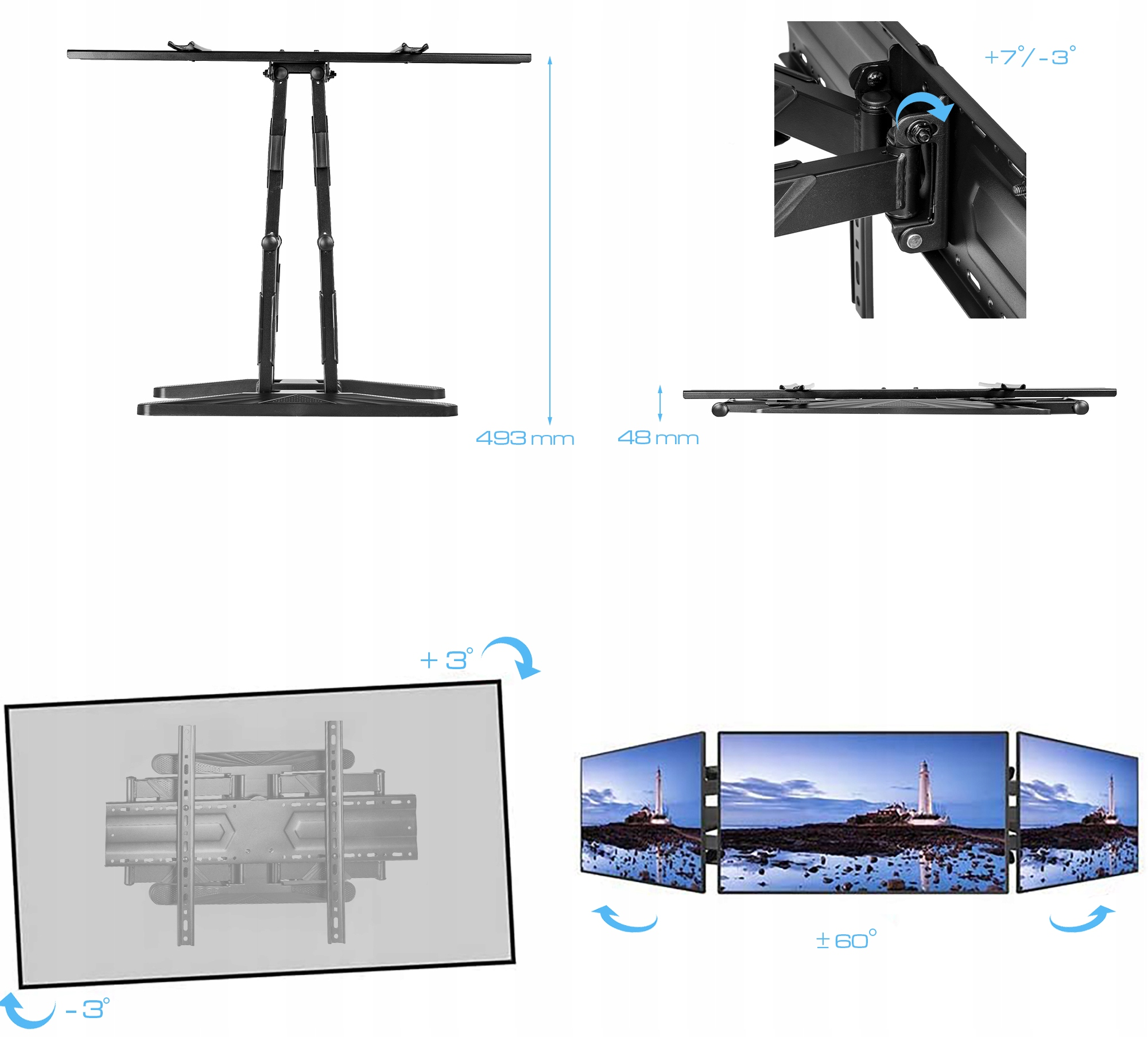 Schemat uchwytu do TV, z różnymi widokami. Pokazujący kąty pochylenia i obrotu.