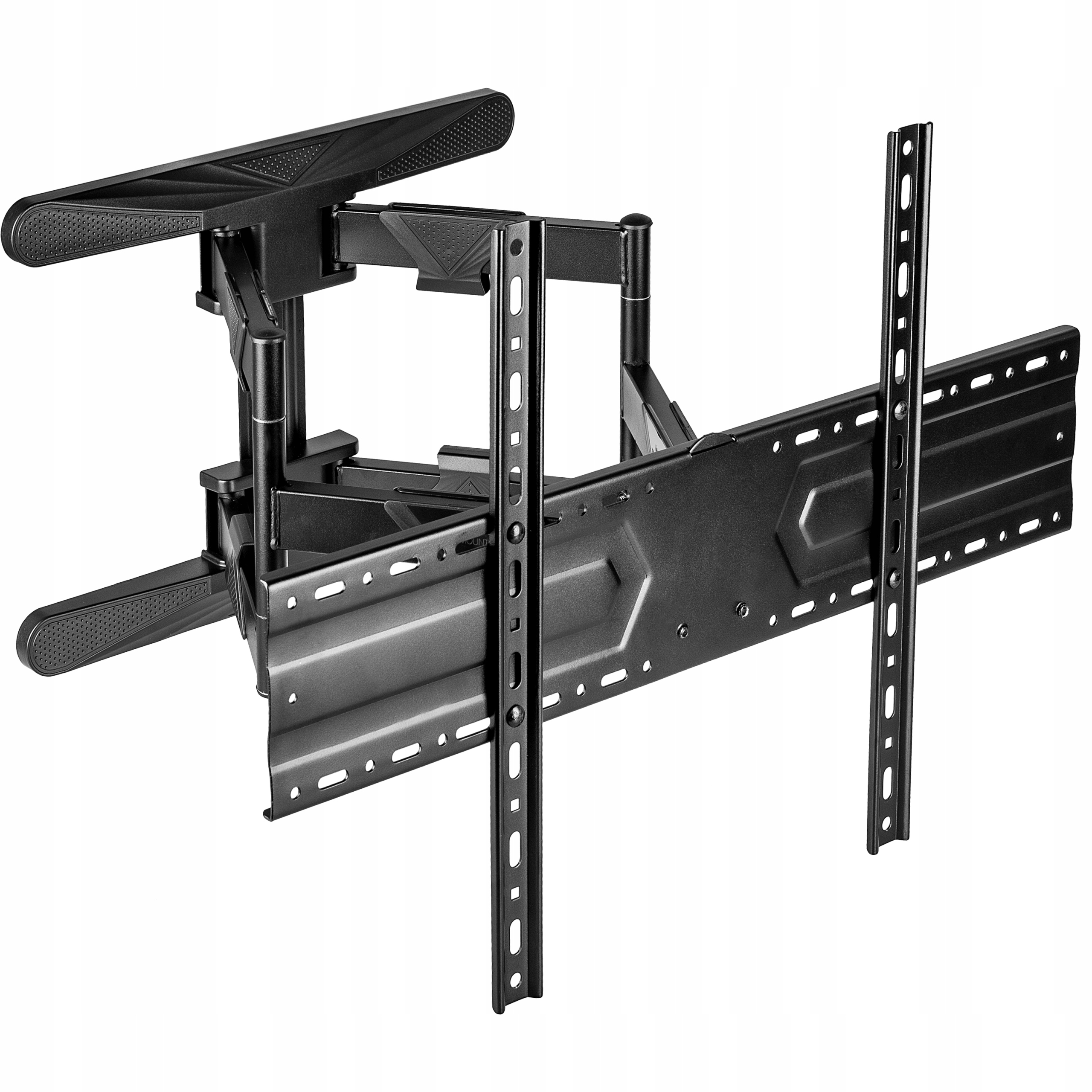 Czarny uchwyt ścienny do TV. Konstrukcja ma przegubowe ramię z różnymi połączeniami.