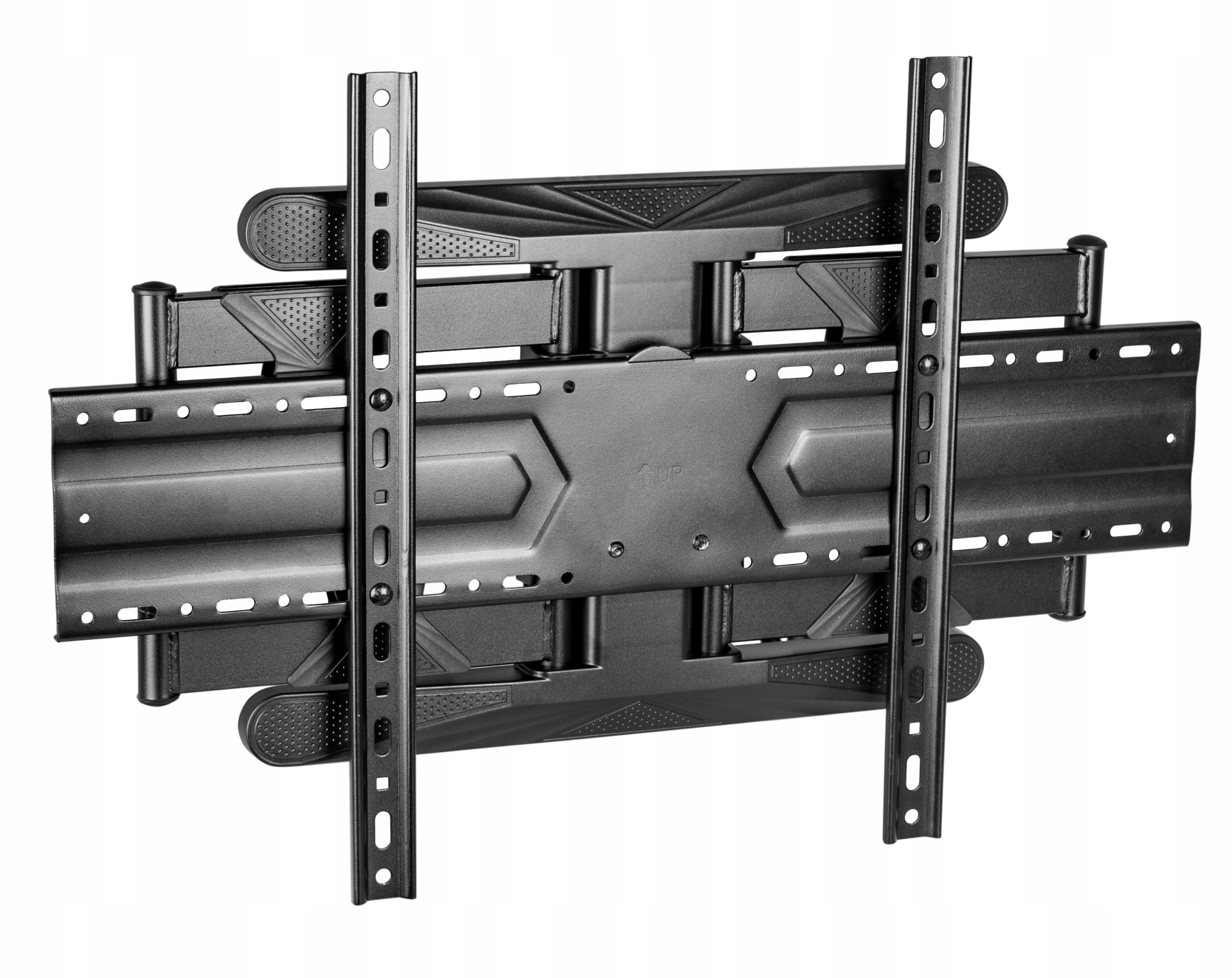 Czarny uchwyt TV z wieloma ramionami i wspornikami na białym tle. Ma strzałkę 'UP' i teksturowaną powierzchnię.