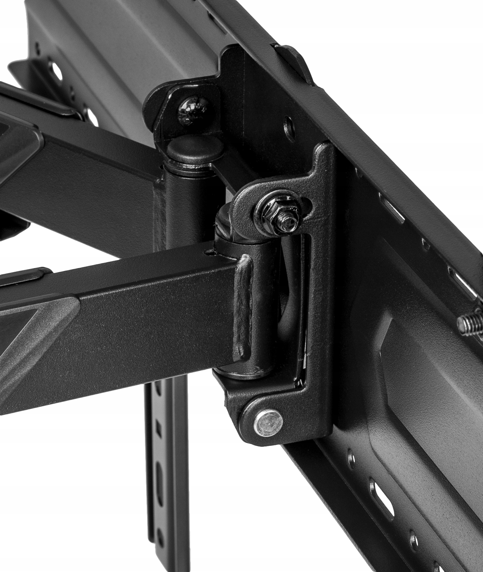 Zbliżenie na przegub czarnego uchwytu ściennego do TV. Widoczne śruby i metalowe części.