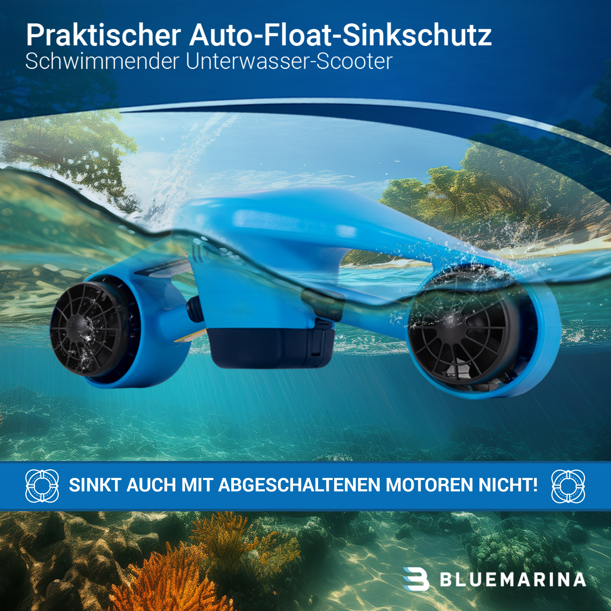 Blauer Unterwasserscooter im Wasser. Text: 'Praktischer Auto-Float-Sinkschutz'.