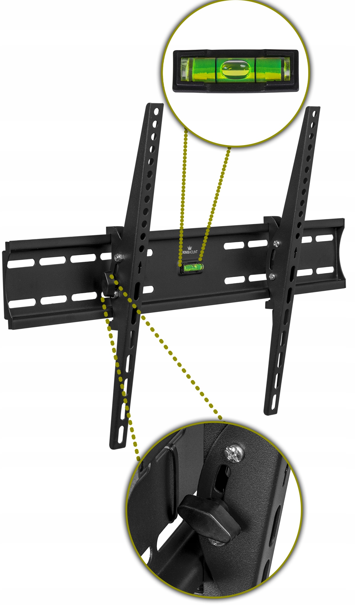 Zbliżenie czarnego uchwytu do TV z poziomicą i pokrętłem regulacyjnym.