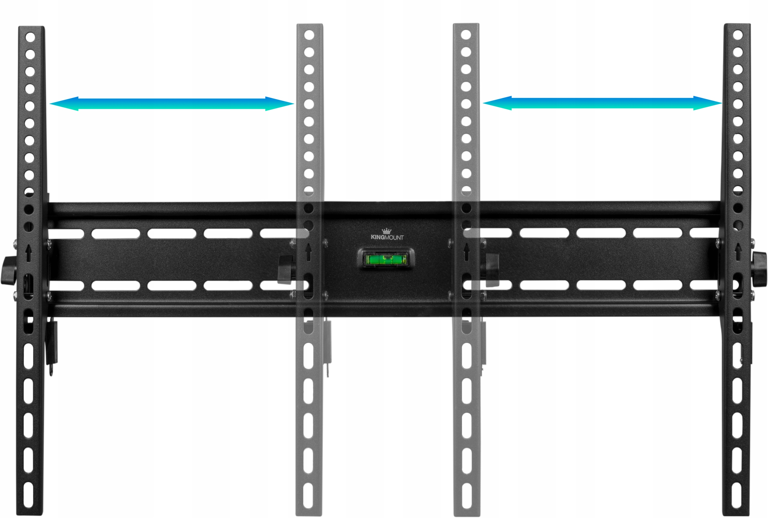 Czarny uchwyt ścienny do telewizora z wspornikami, strzałki wskazujące szerokość. Posiada poziomicę. Logo Kingmount.