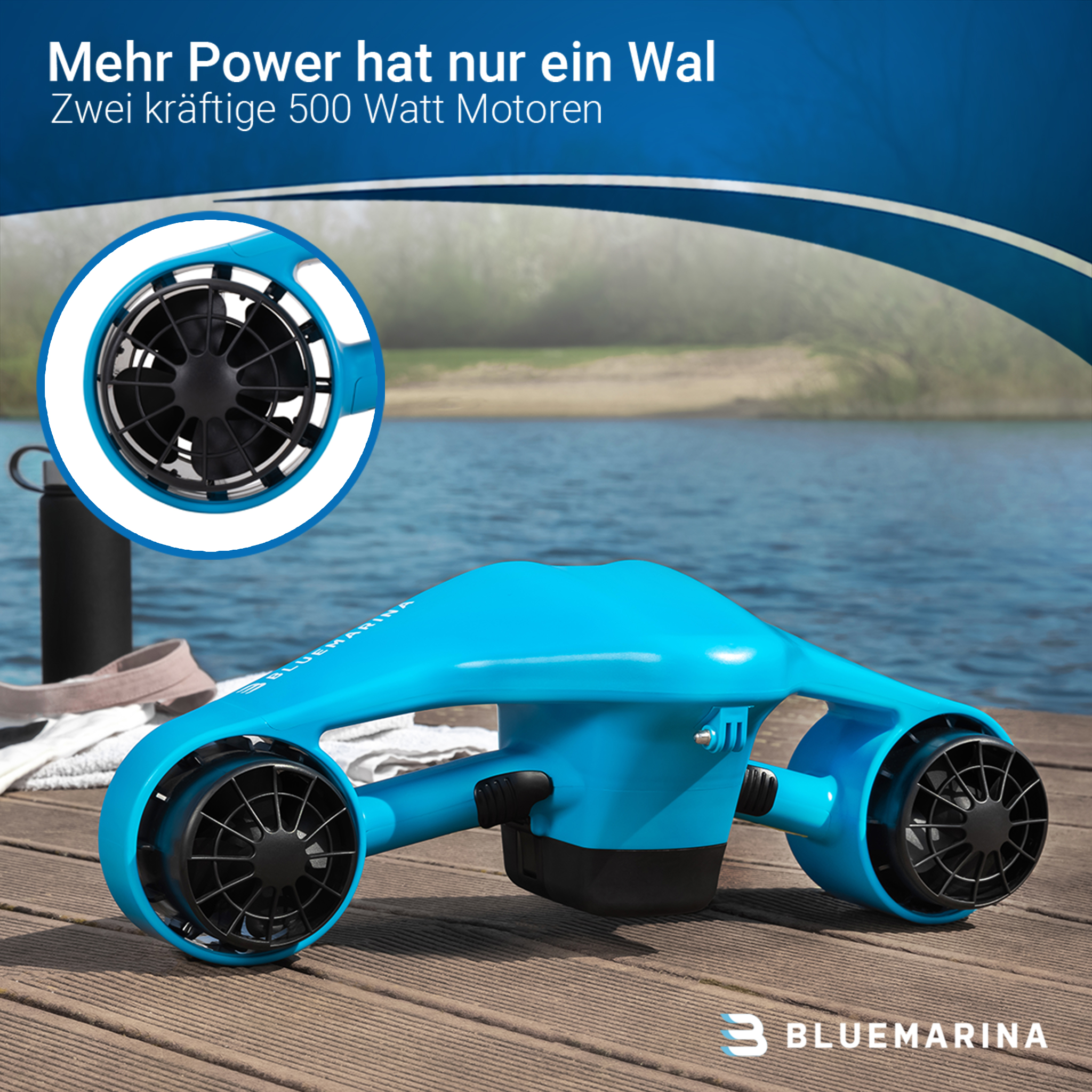Blauer Unterwasserscooter im Wasser, mit Text 'Mehr Power hat nur ein Wal'.