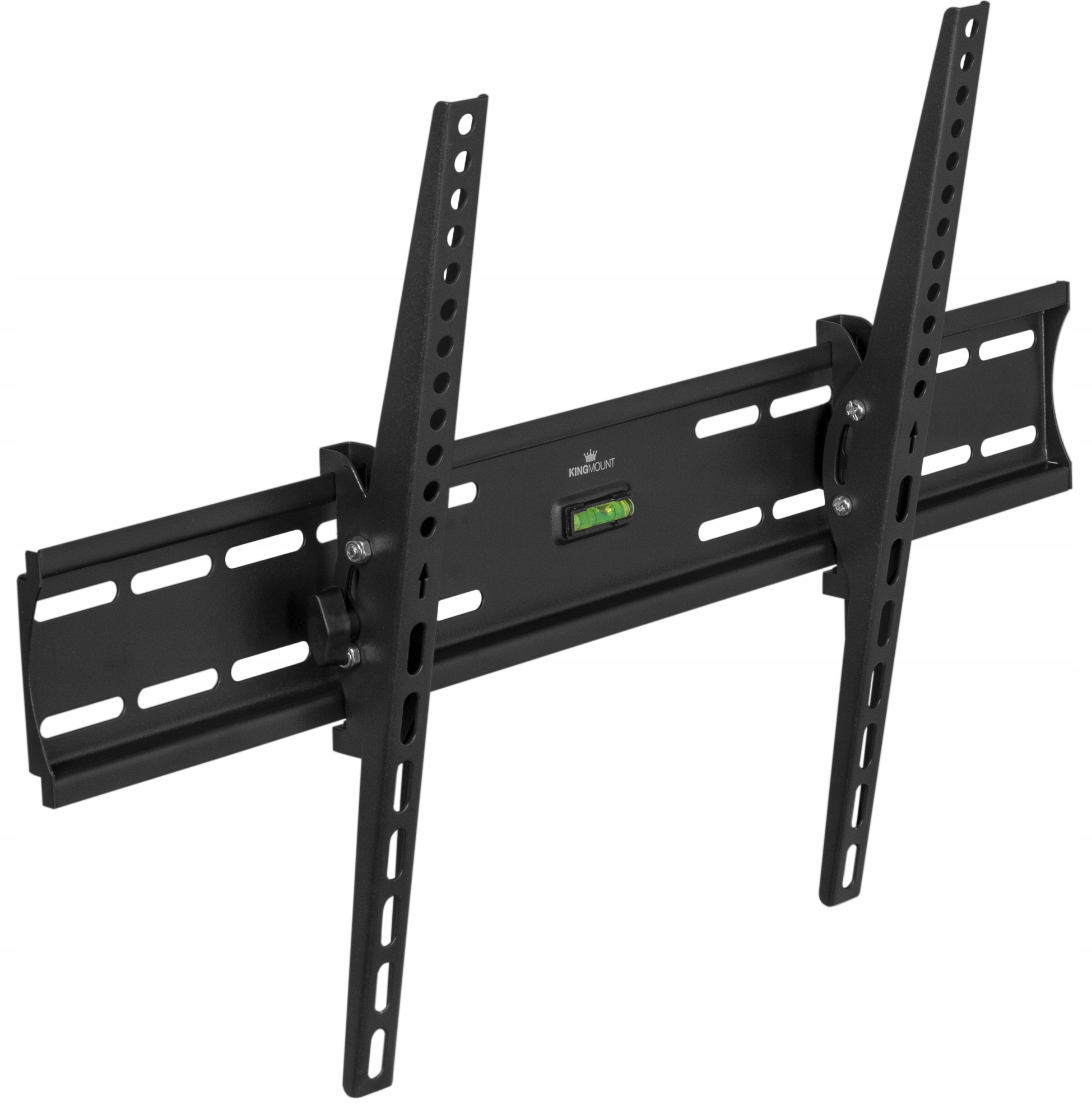 Czarny wspornik do montażu TV. Dwa pionowe ramiona z otworami, połączone z poziomym drążkiem. Posiada poziomicę.