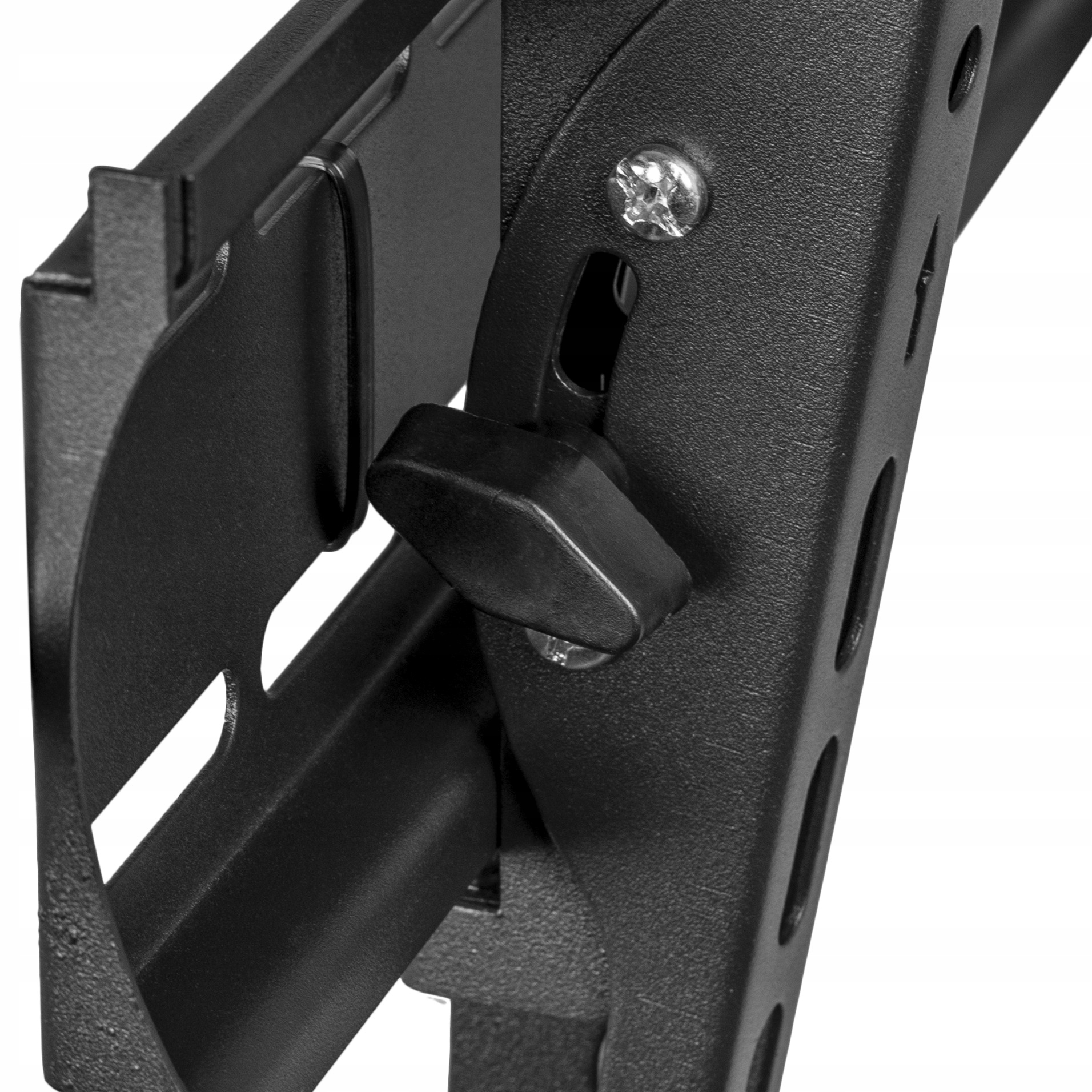 Zbliżenie czarnego uchwytu do TV z czarnym pokrętłem regulacyjnym i śrubami.