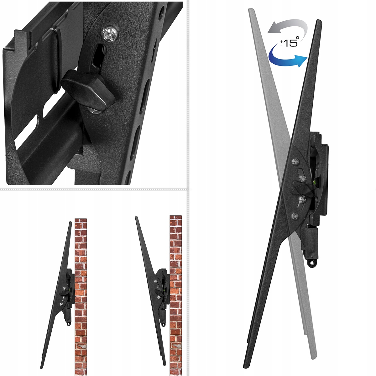 Zbliżenie czarnego uchwytu do TV, pokazujące regulację i montaż.