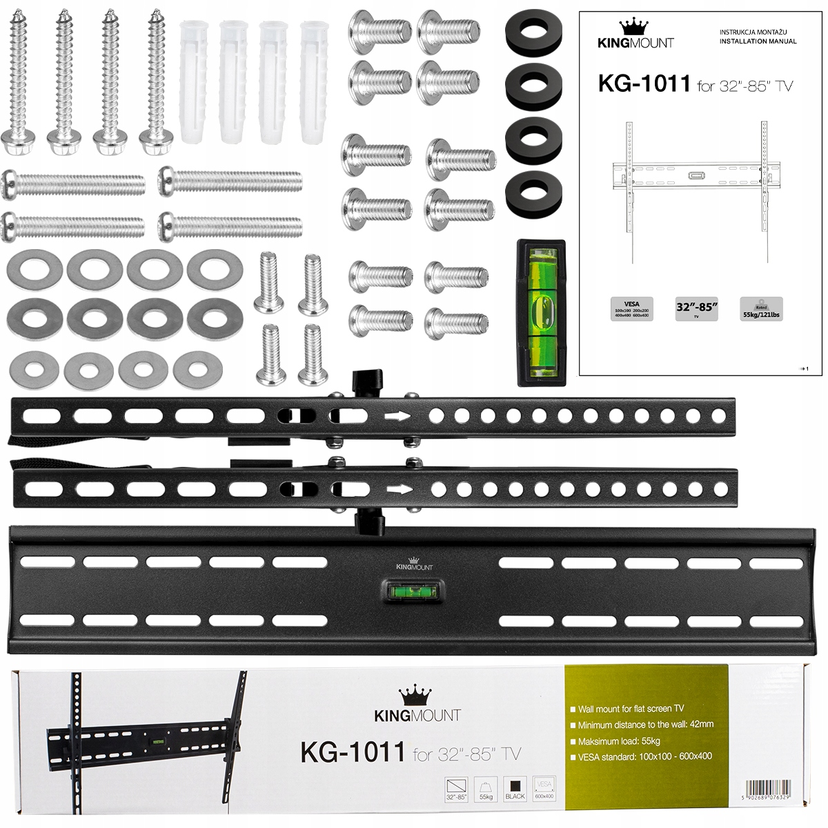 Zestaw do montażu TV z osprzętem, poziomnicą i instrukcją. Czarne wsporniki, śruby i podkładki. Opakowanie z tekstem i logo.