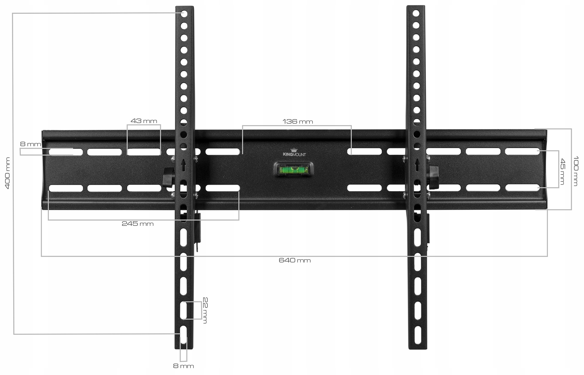 Czarny wspornik do montażu TV z wymiarami. Pokazuje wymiary w mm. Zawiera logo Kingmount i poziomicę.